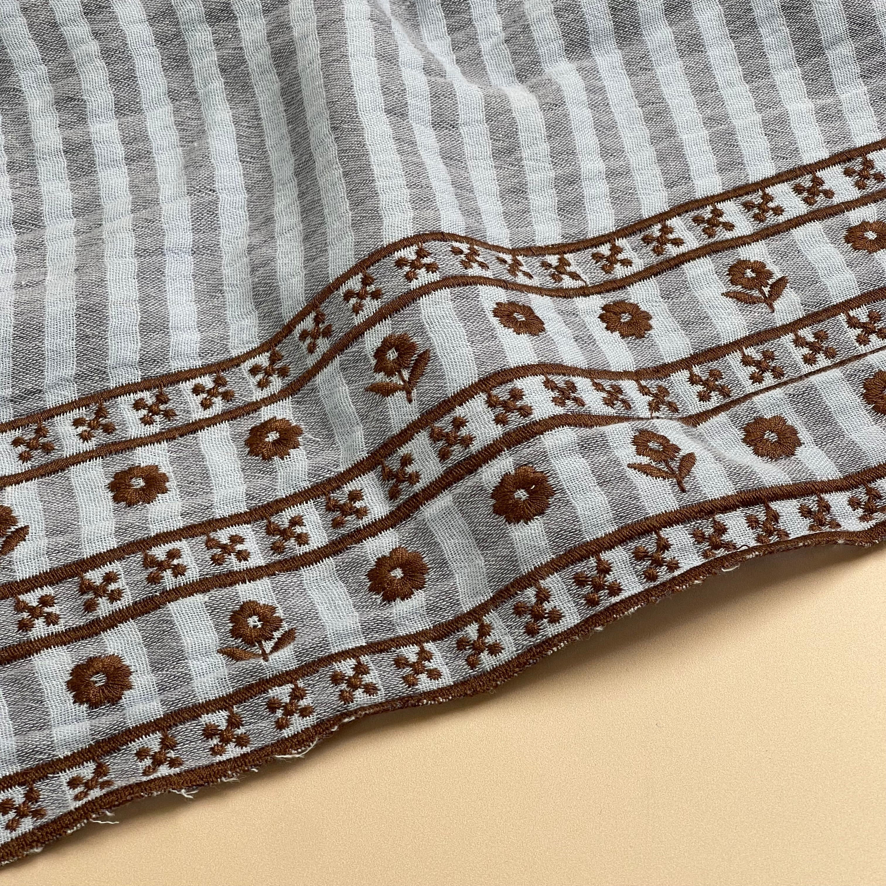 Border Embroidered Yarn Dyed Striped Cotton Double Gauze in Blue
