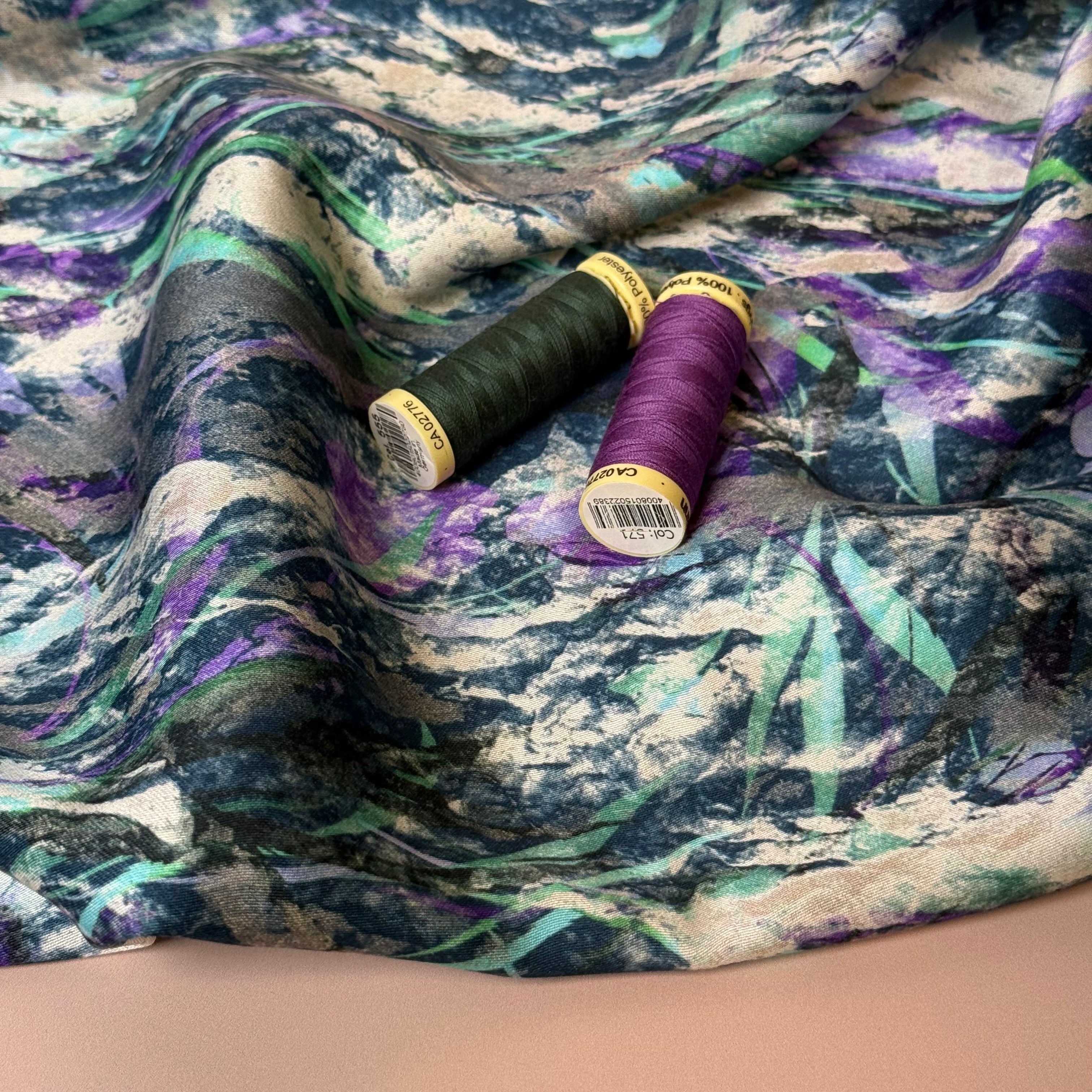 Autumn Foliage River Blue Viscose Sateen Fabric