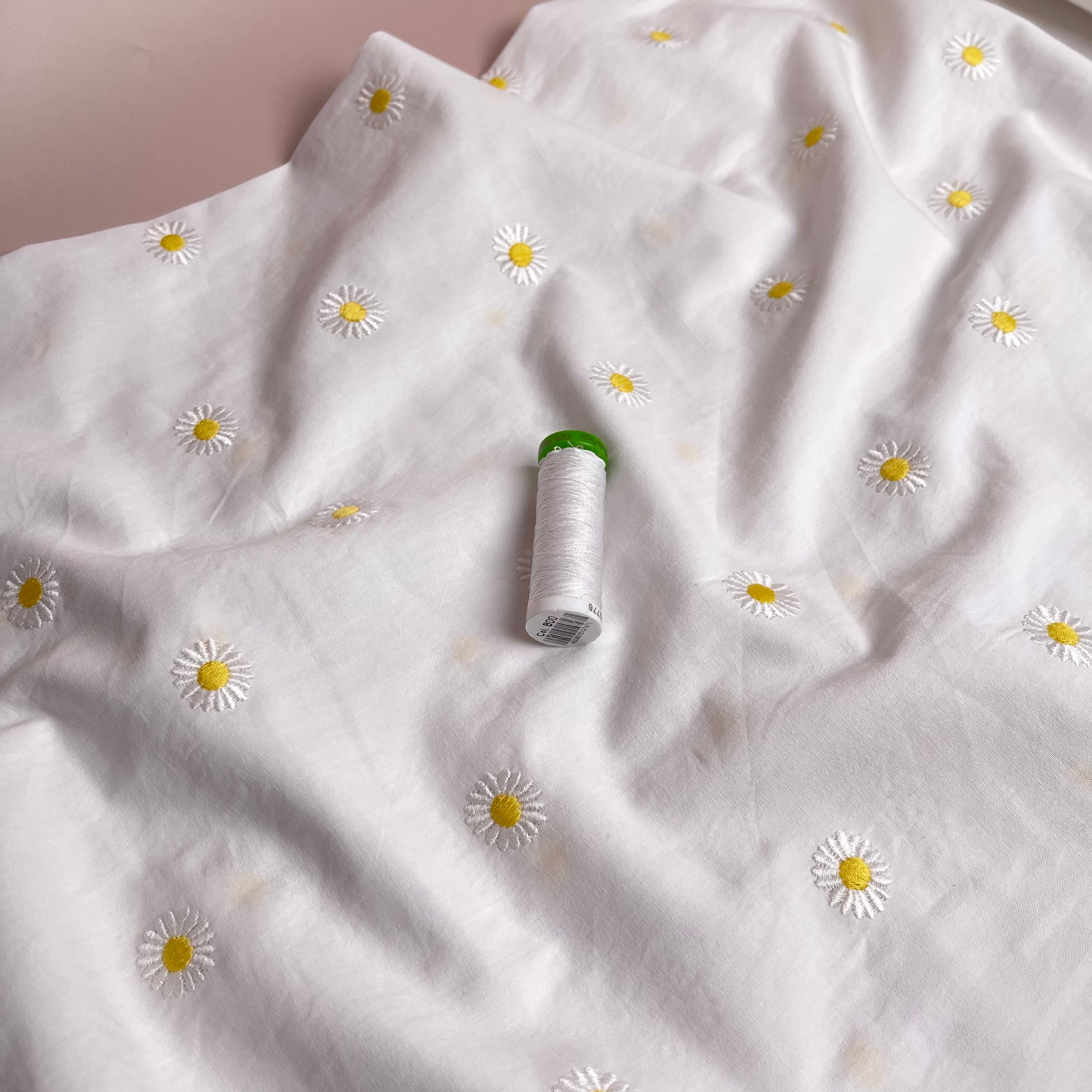 Embroidered Daisies on White Cotton Poplin