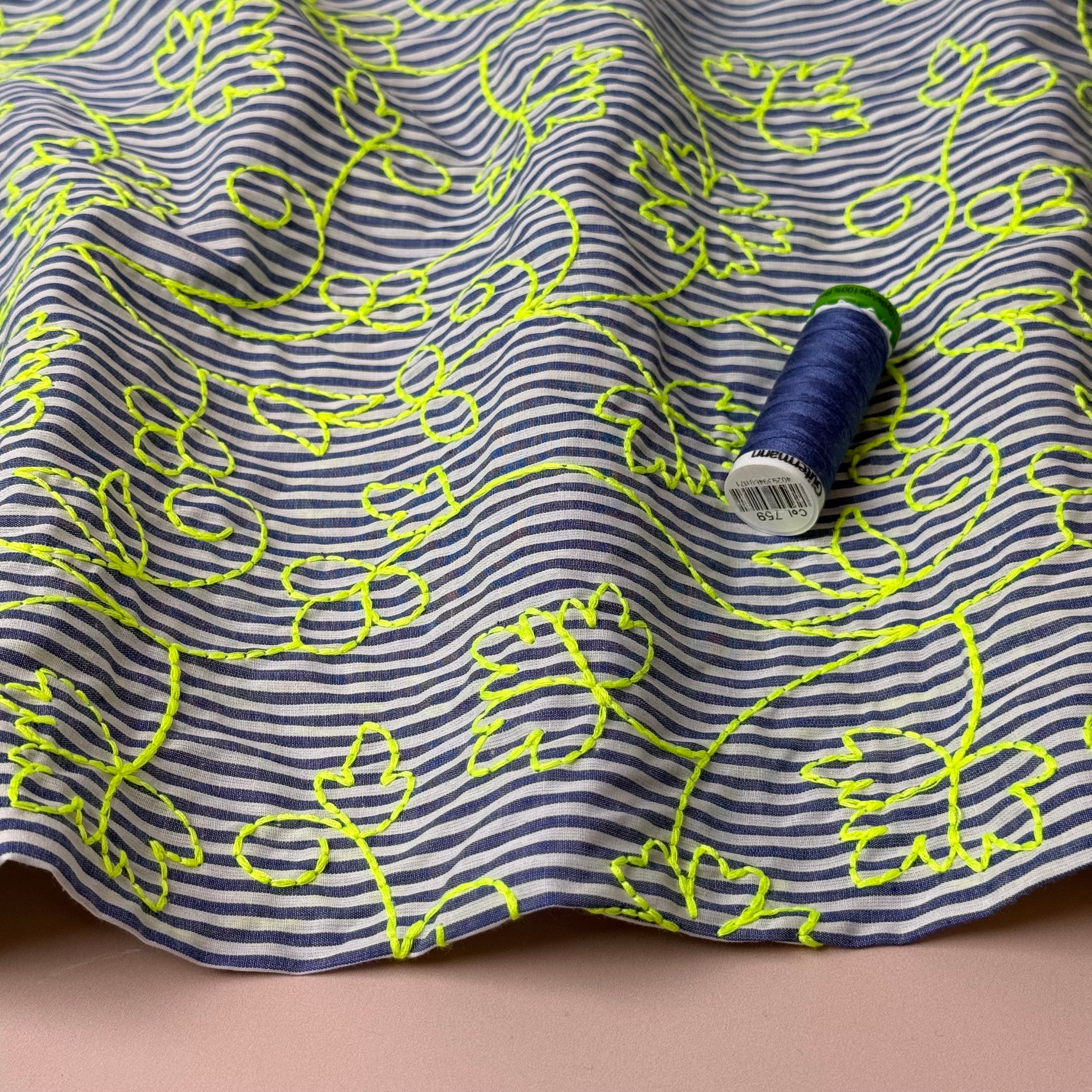 Embroidered Neon Vines on Stripe Cotton Fabric
