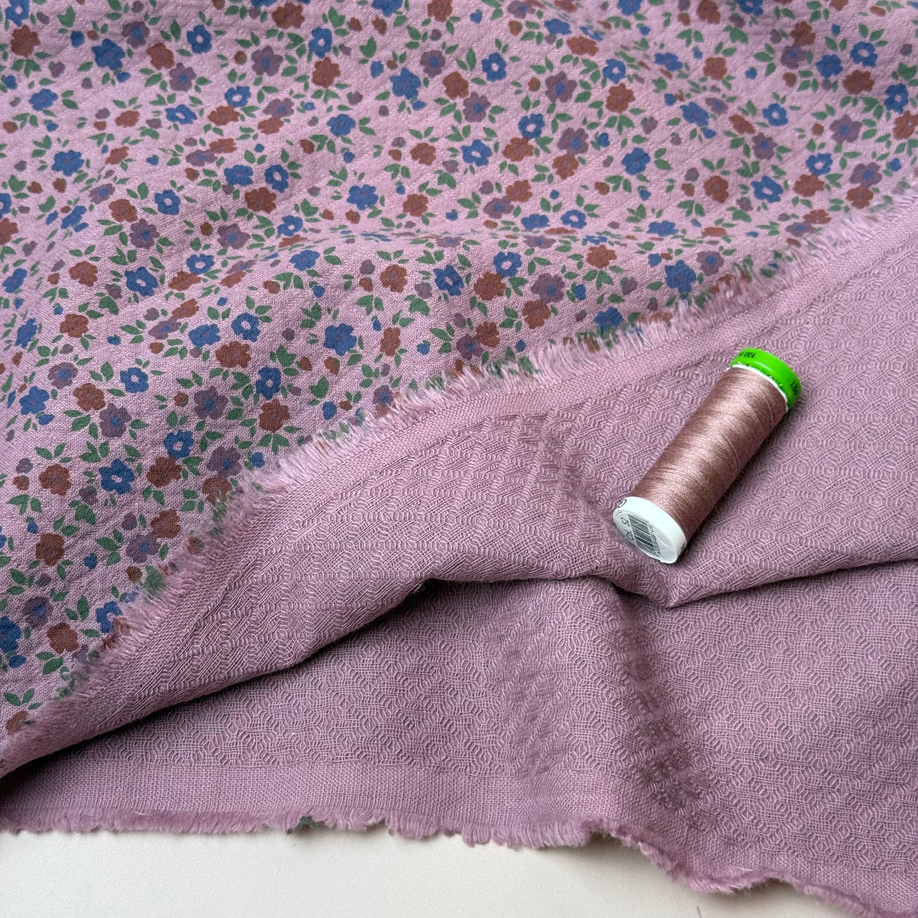 Ditsy Blue Flowers Mauve Cotton Diamond Jacquard Fabric