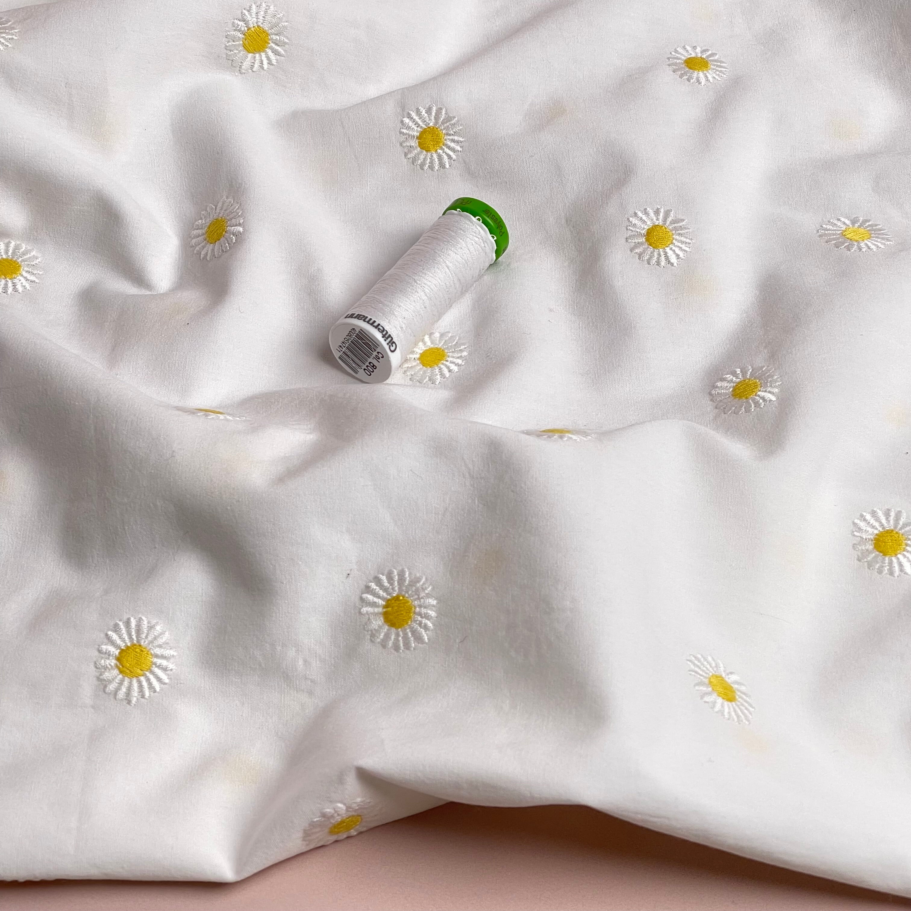 Embroidered Daisies on White Cotton Poplin