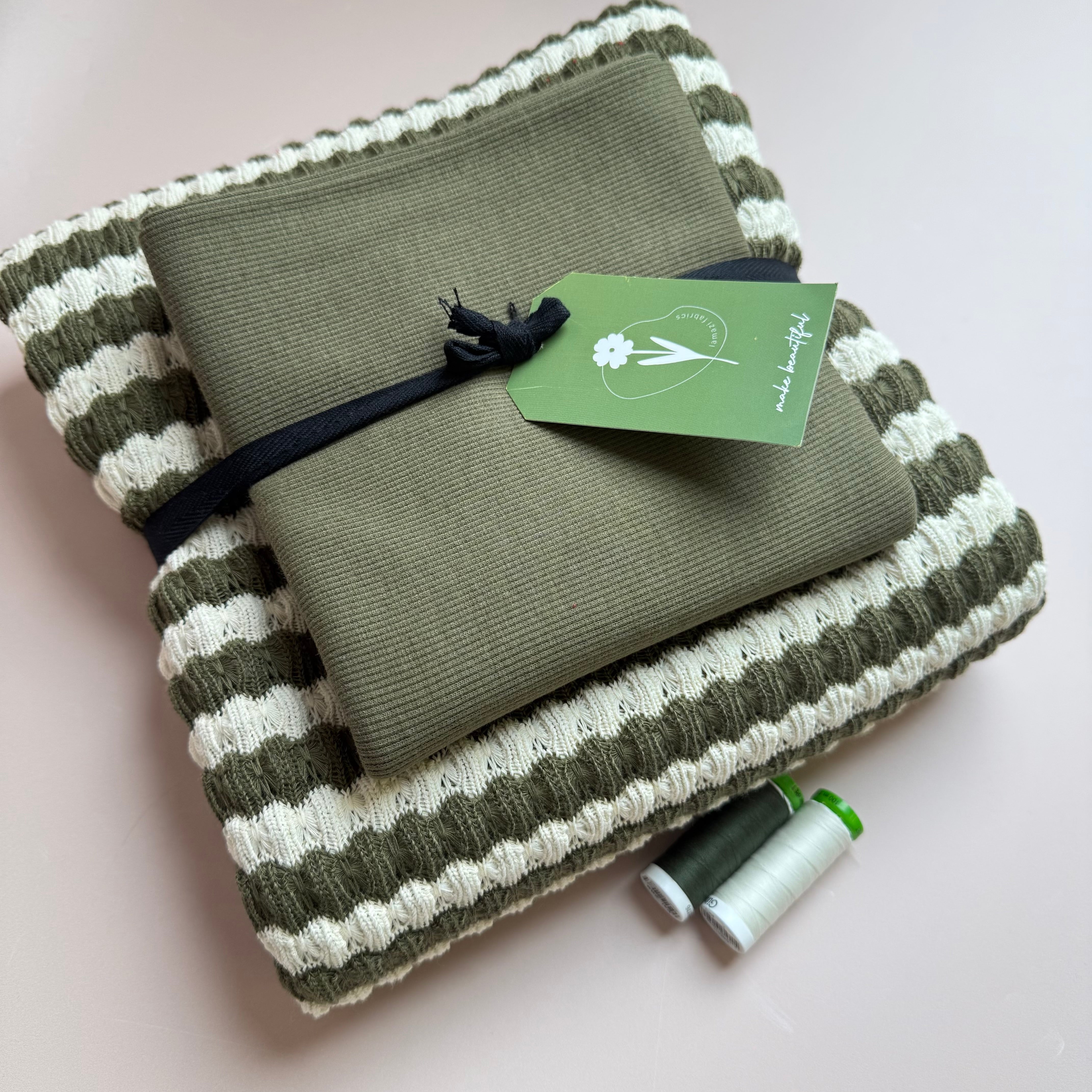 Make an Outfit Colour Bundles & Sewing Kit- Arielle Top in Summer Knitted Jacquard Olive & Matching Ribbing