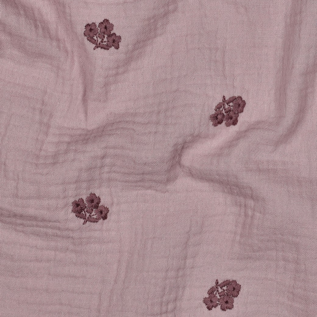 Embroidered Pink Flowers on Mauve Cotton Double Gauze