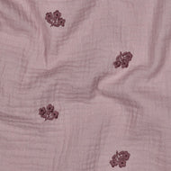 Embroidered Pink Flowers on Mauve Cotton Double Gauze