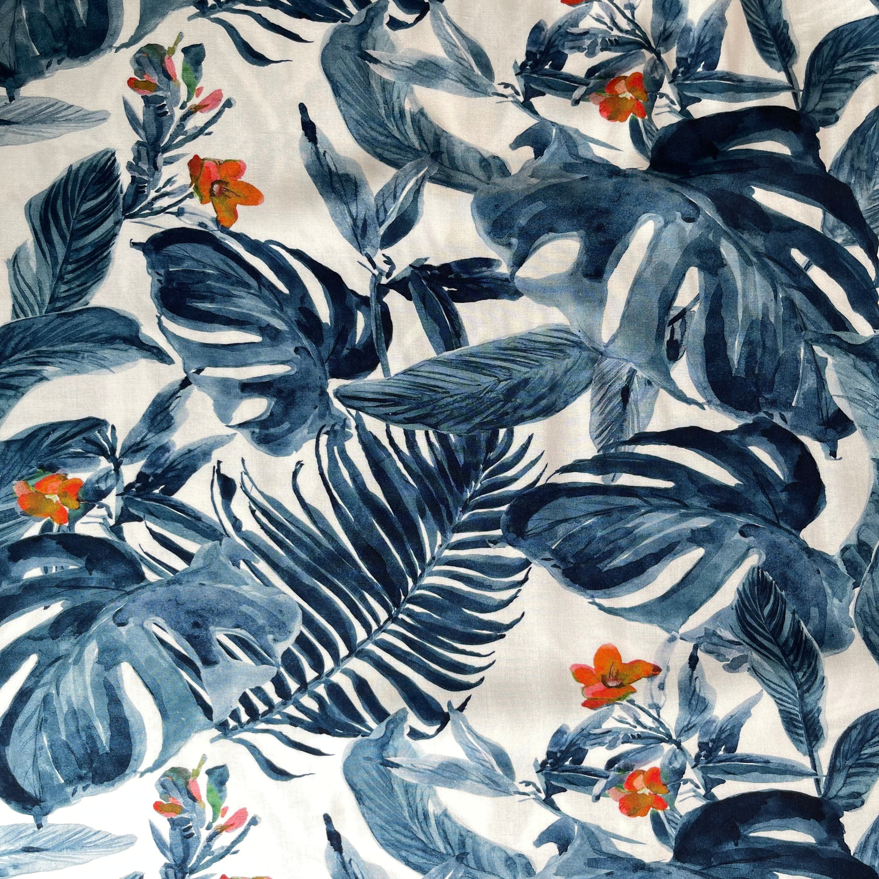 Tropical Plants Blue Viscose Fabric