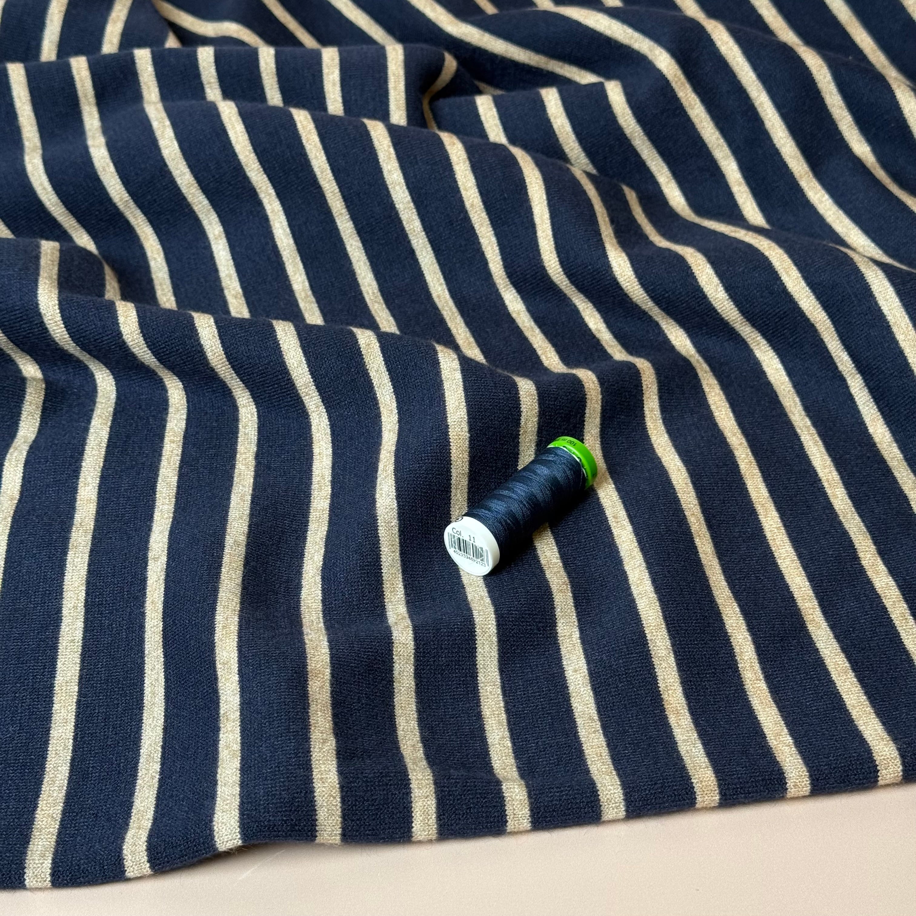 Yarn Dyed Viscose Blend Double Knit Stripes in Navy & Beige