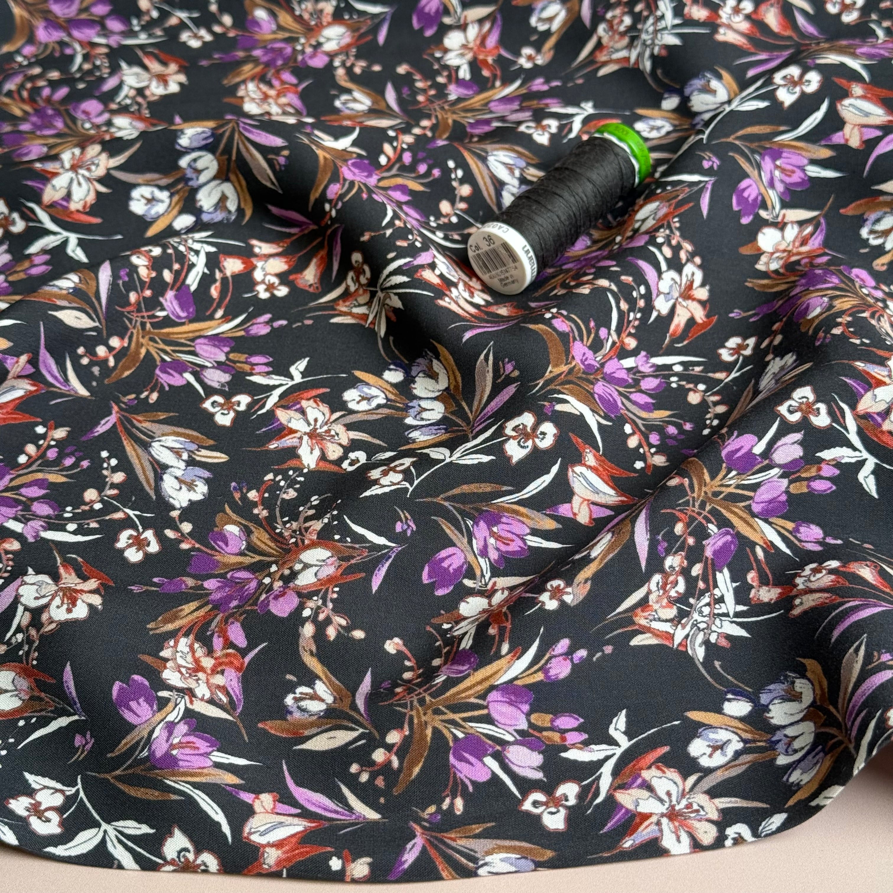 Purple Bouquet on Dark Grey Viscose Poplin Fabric