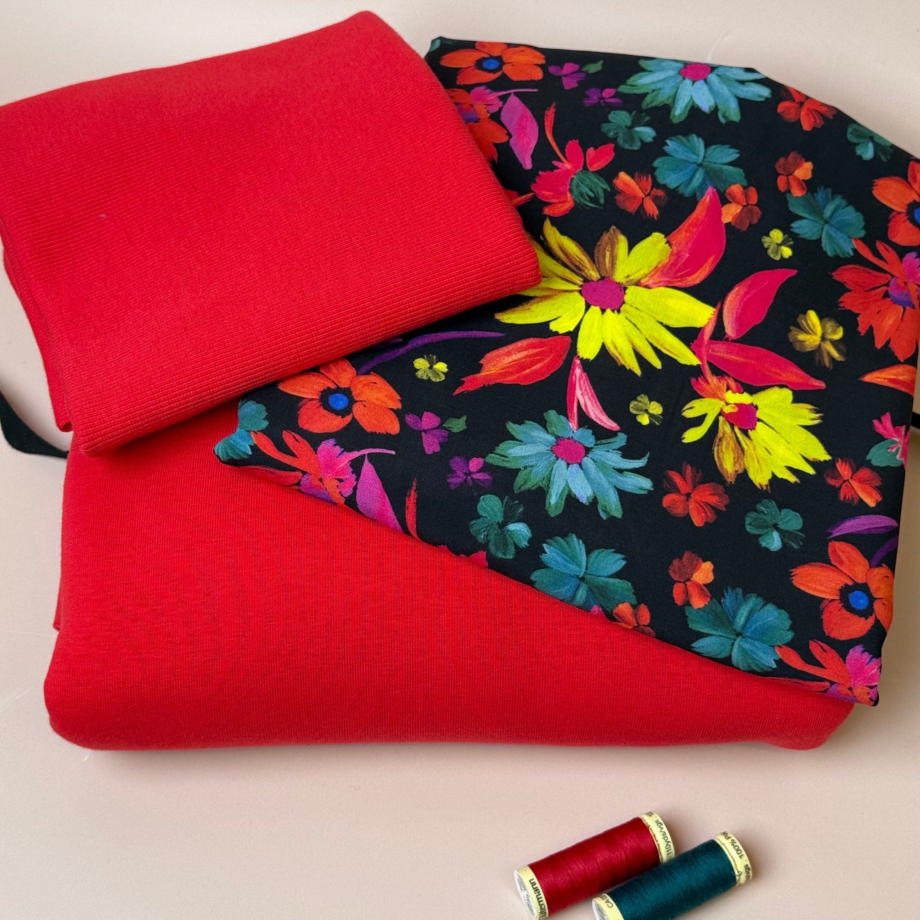 Make an Outfit Colour Bundle - Dopamine Flowers Viscose & Sweatshirting in Red with Ribbing
