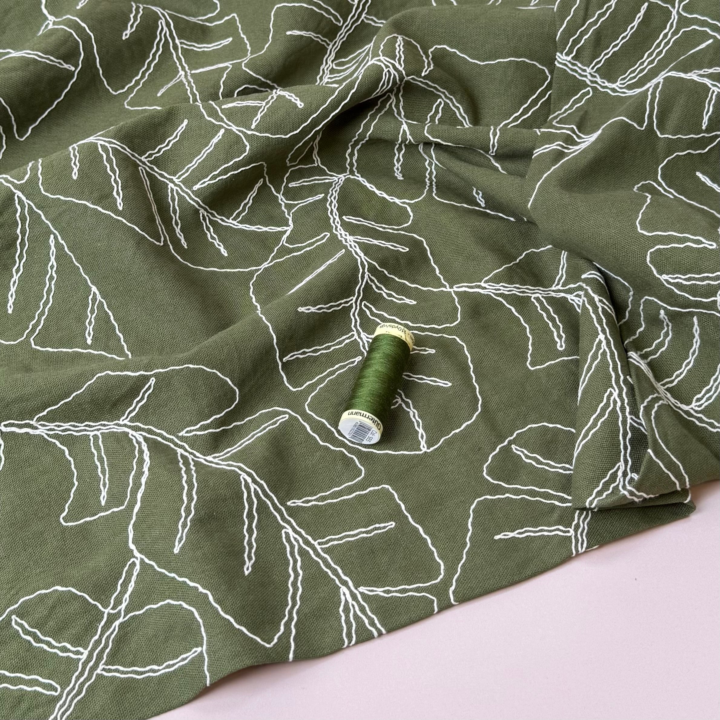Embroidered Foliage Linen Viscose Blend Fabric in Cactus Green