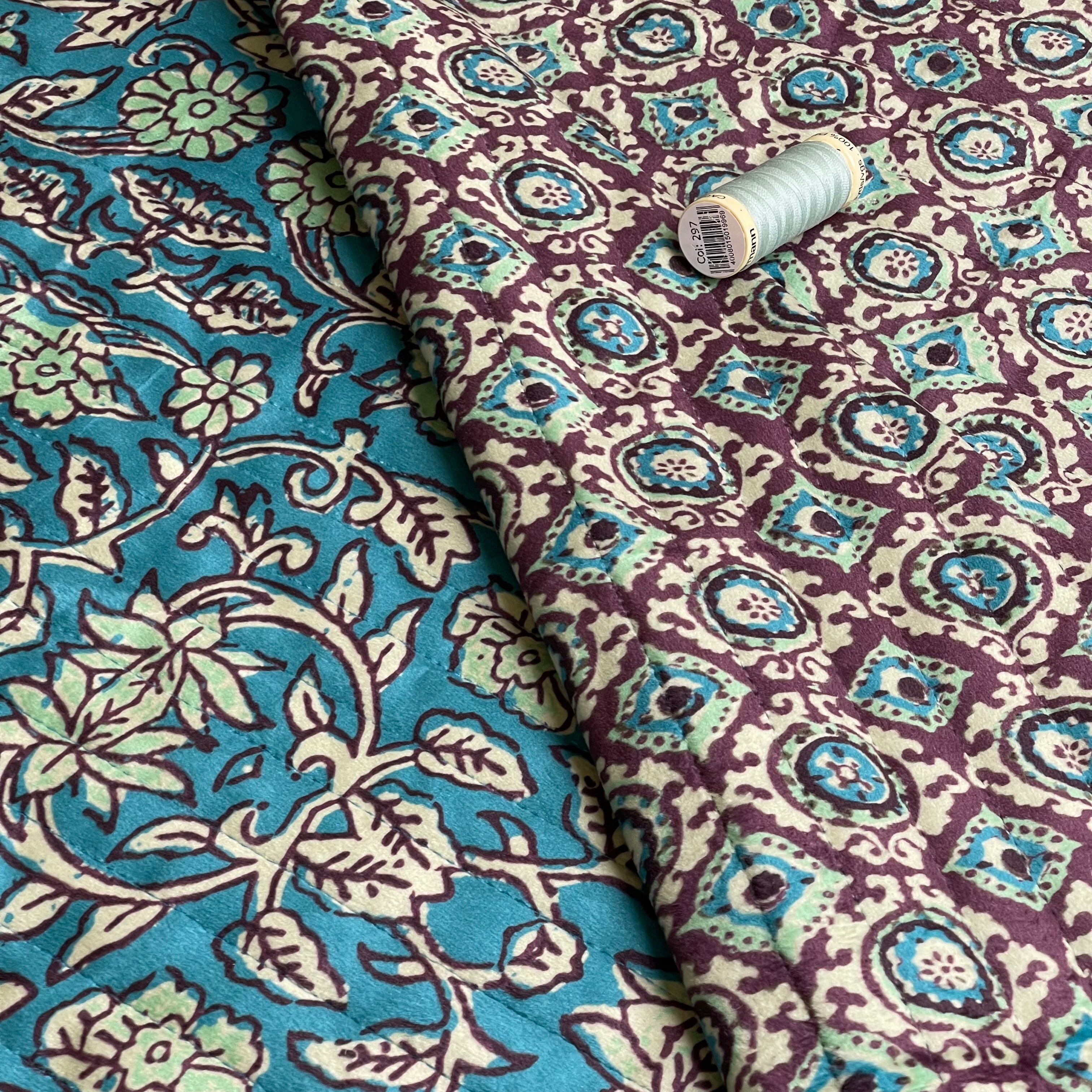 Floral Quilted Velvet Coating Fabric in Petrol & Brown