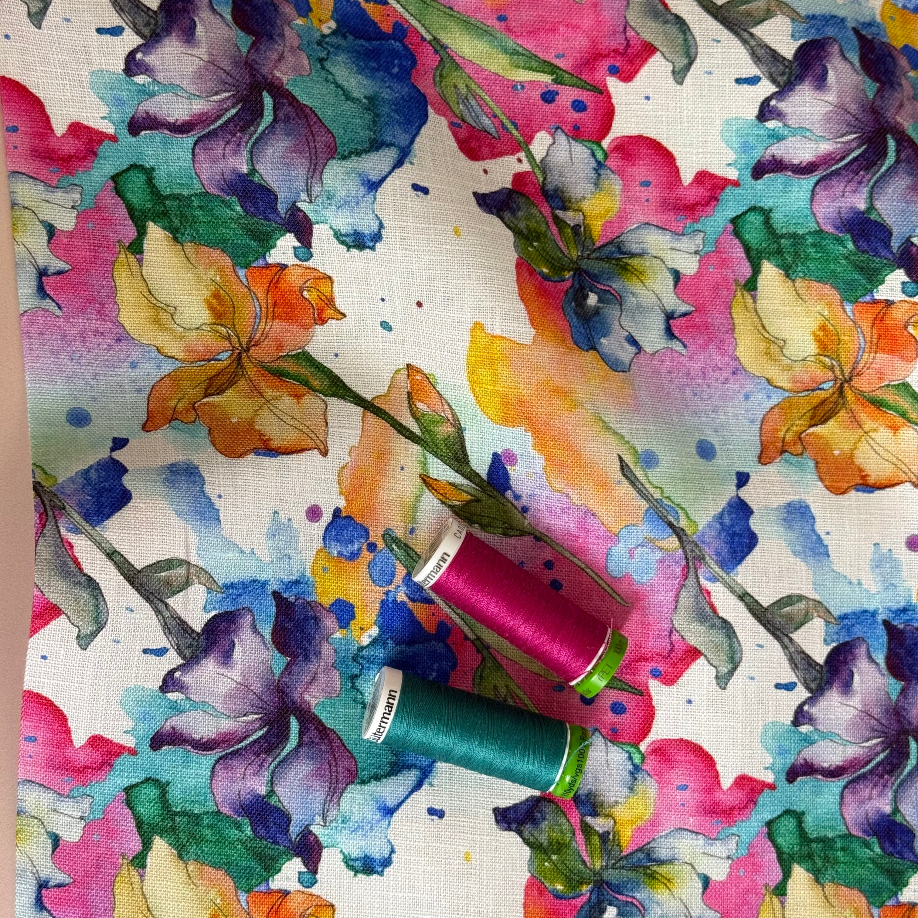 Watercolour Flowers Pure Linen Fabric