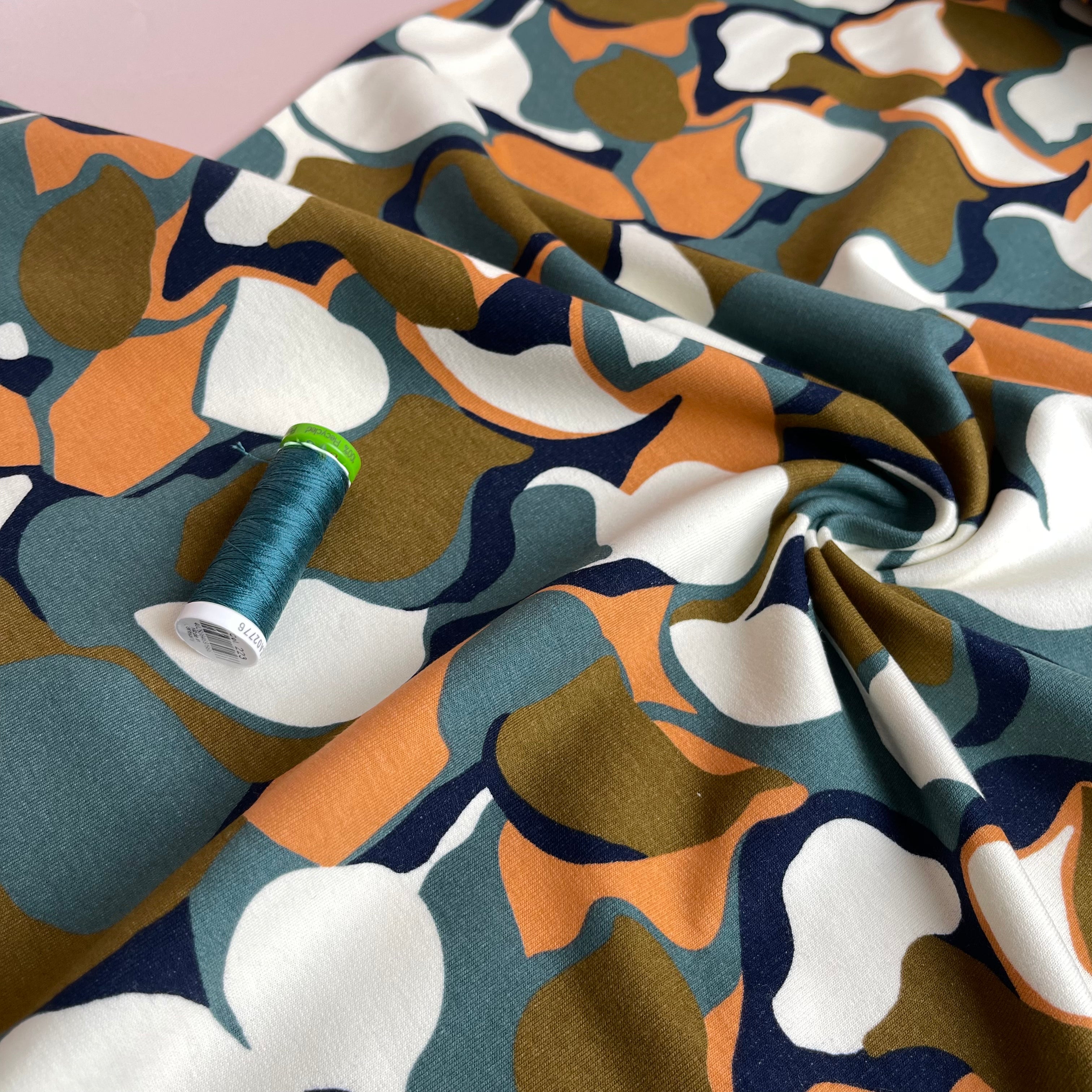 Abstract Shapes in Green Peach Soft Cotton Sweat-shirting Fabric