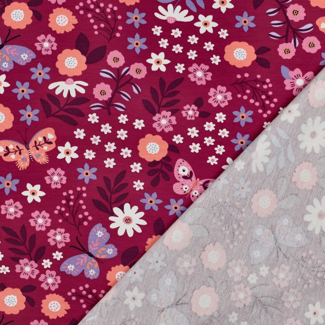 Flowers & Butterflies Magenta Cotton French Terry