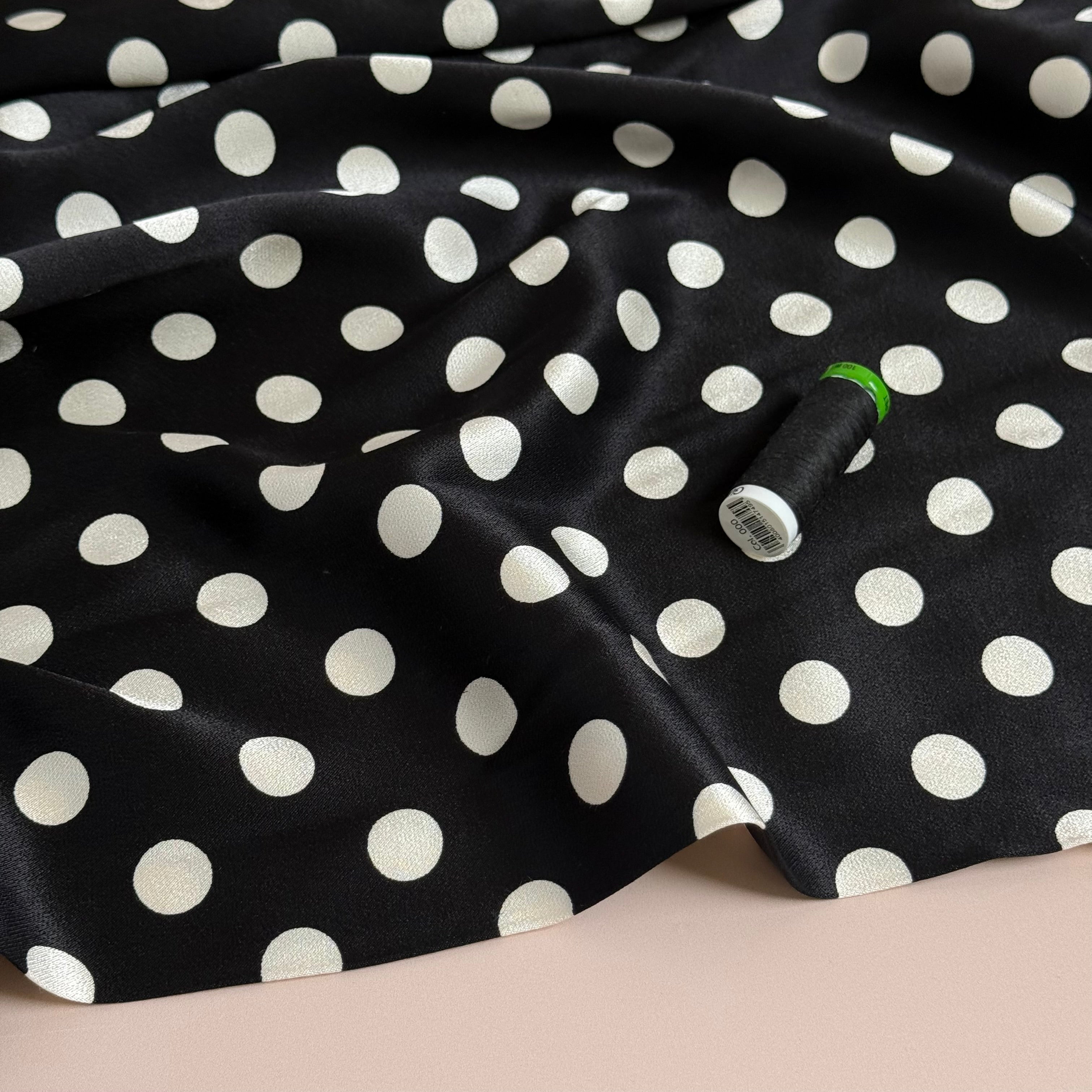 Polka White on Black Spun Viscose Sateen Fabric