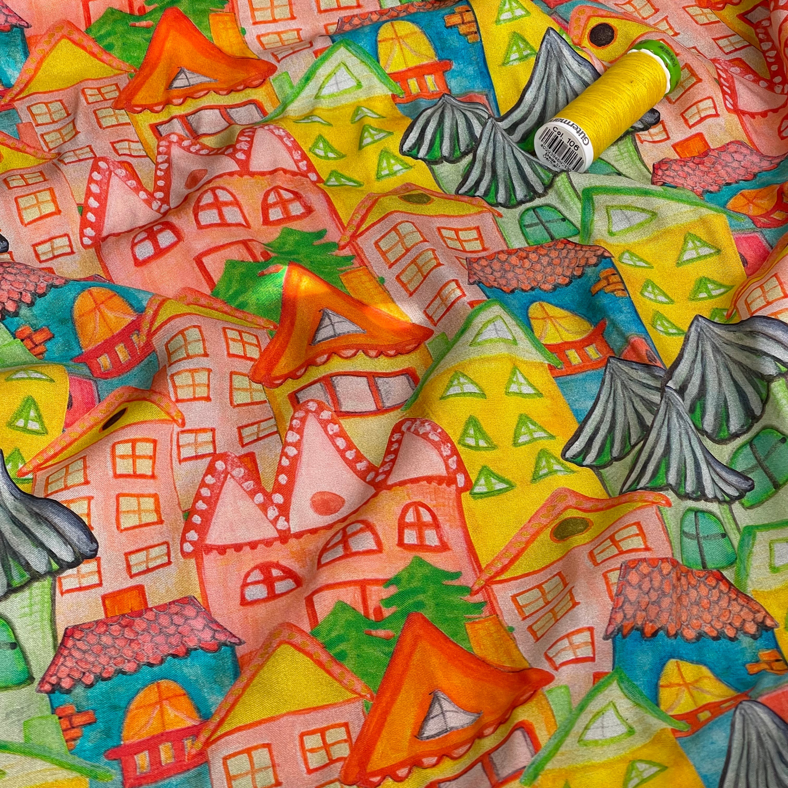 Playful Houses Viscose Poplin Fabric