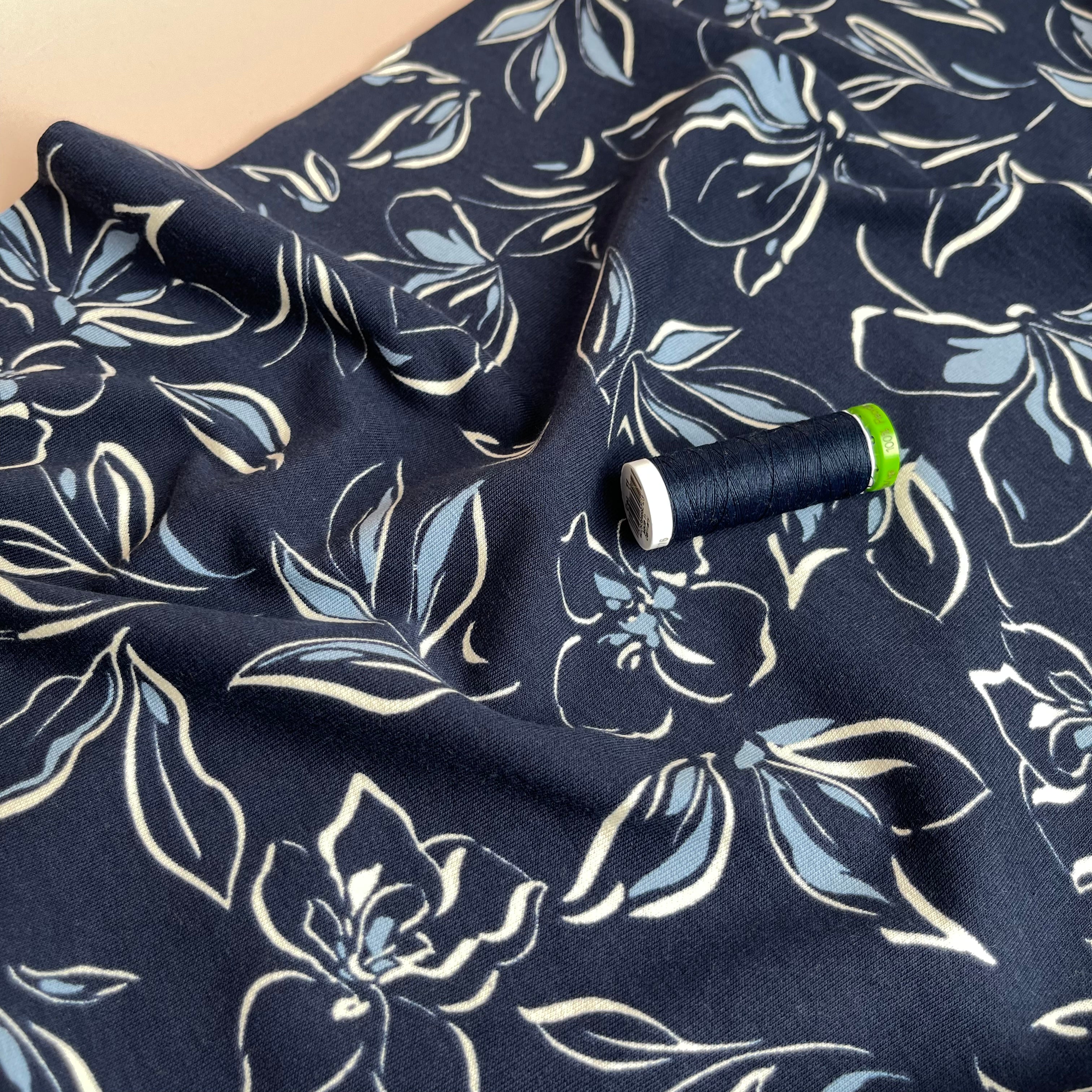 REMNANT 1.30 Metres - Line Flowers on Navy Recycled Cotton French Terry