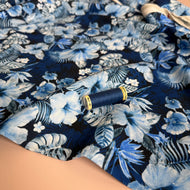 Monochrome Blue Flowers Viscose Linen Fabric