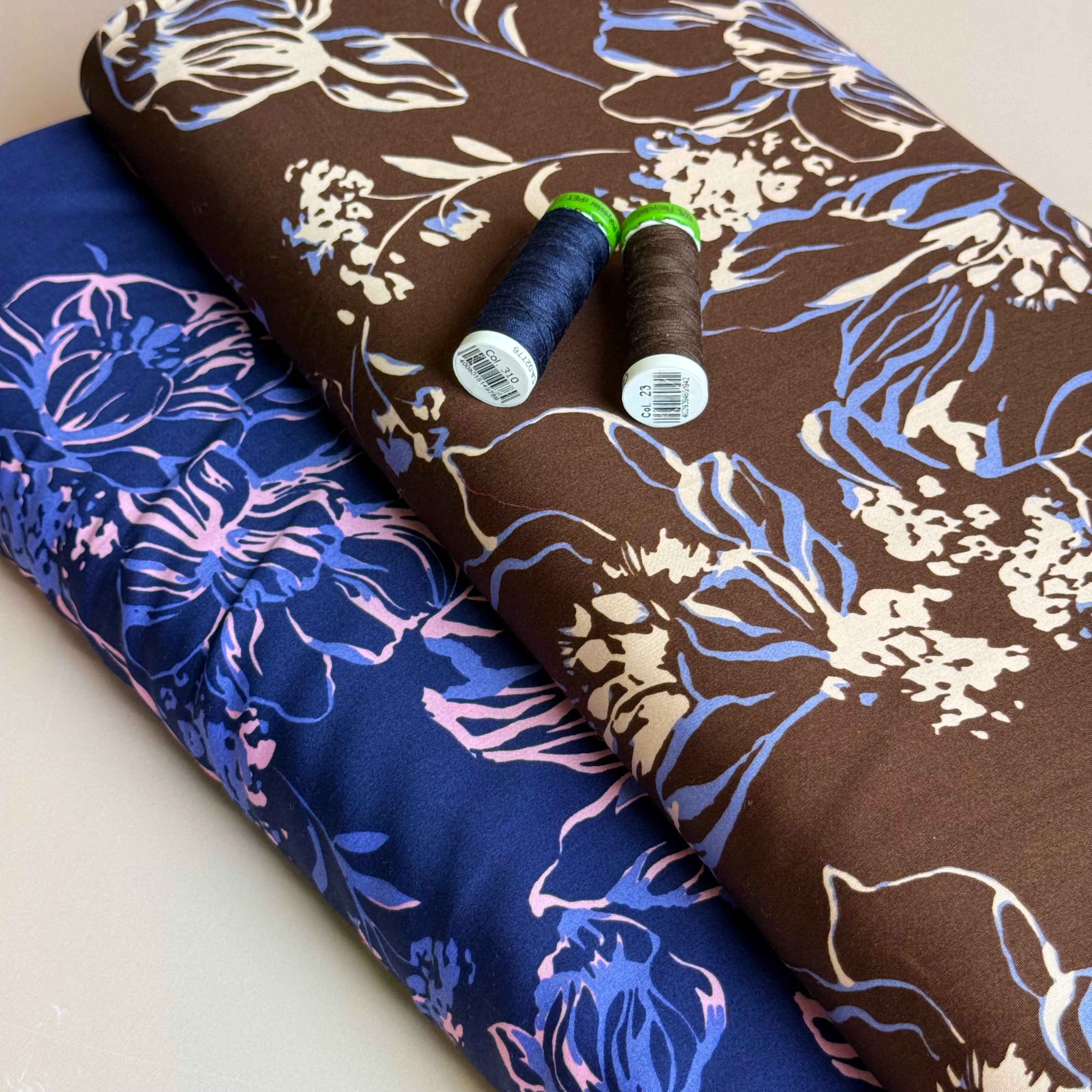 Line Flowers on Navy Cotton Sateen Fabric