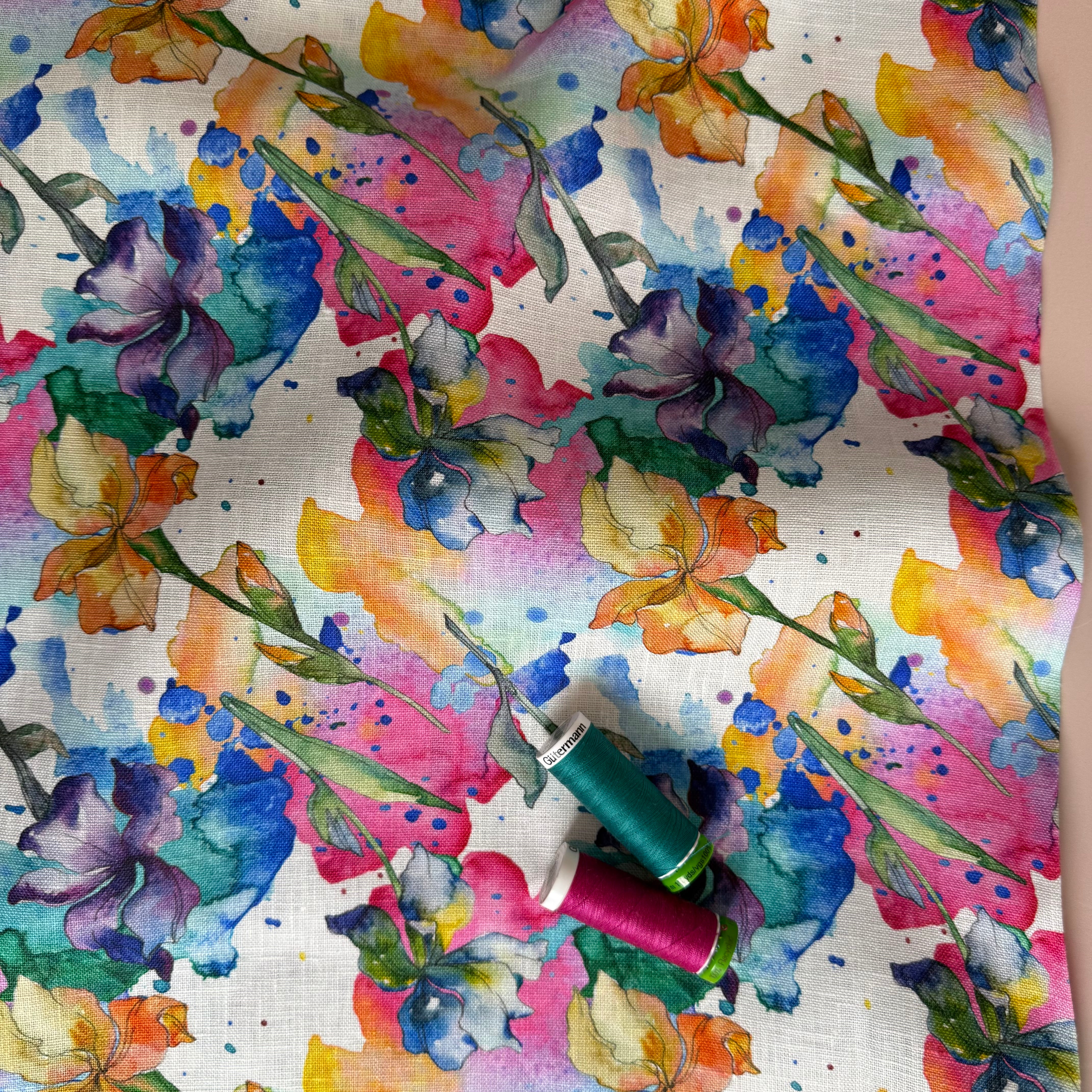 Watercolour Flowers Pure Linen Fabric