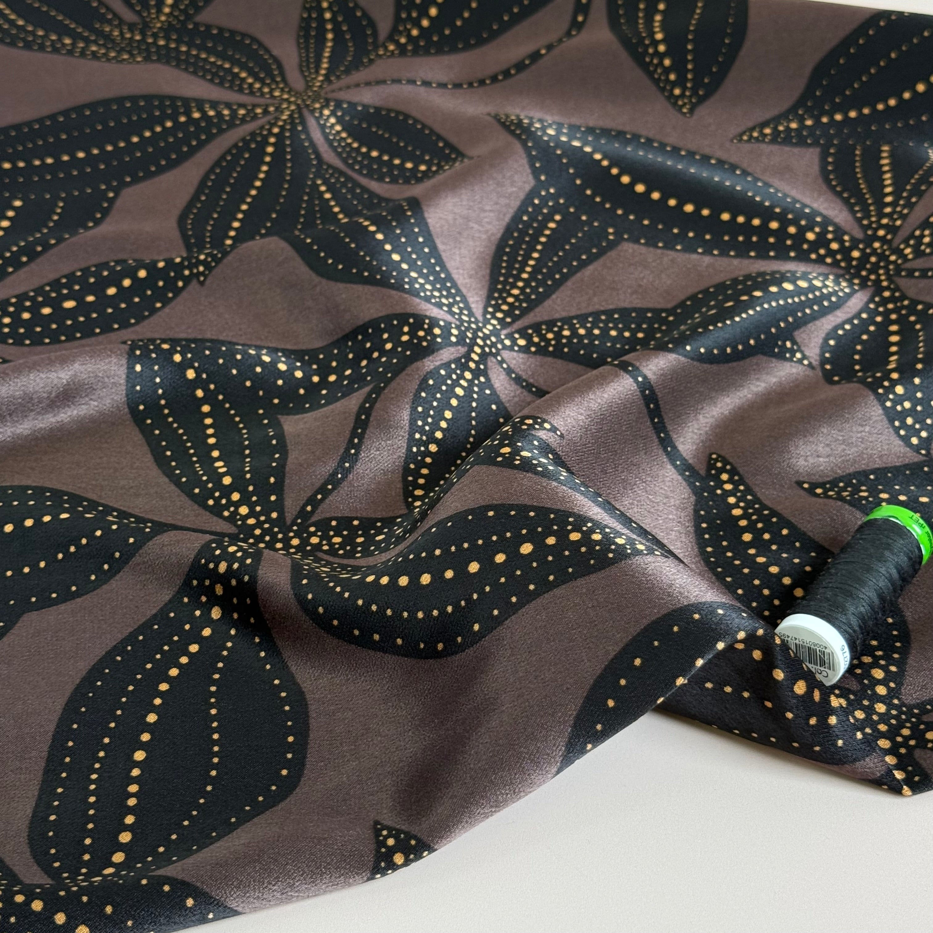 Spoty Flower on Dark Brown Spun Viscose Sateen Fabric