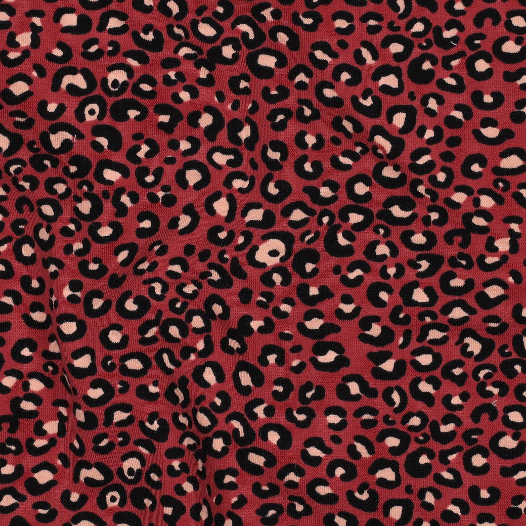 Animal Print Burgundy Cotton French Terry Fabric