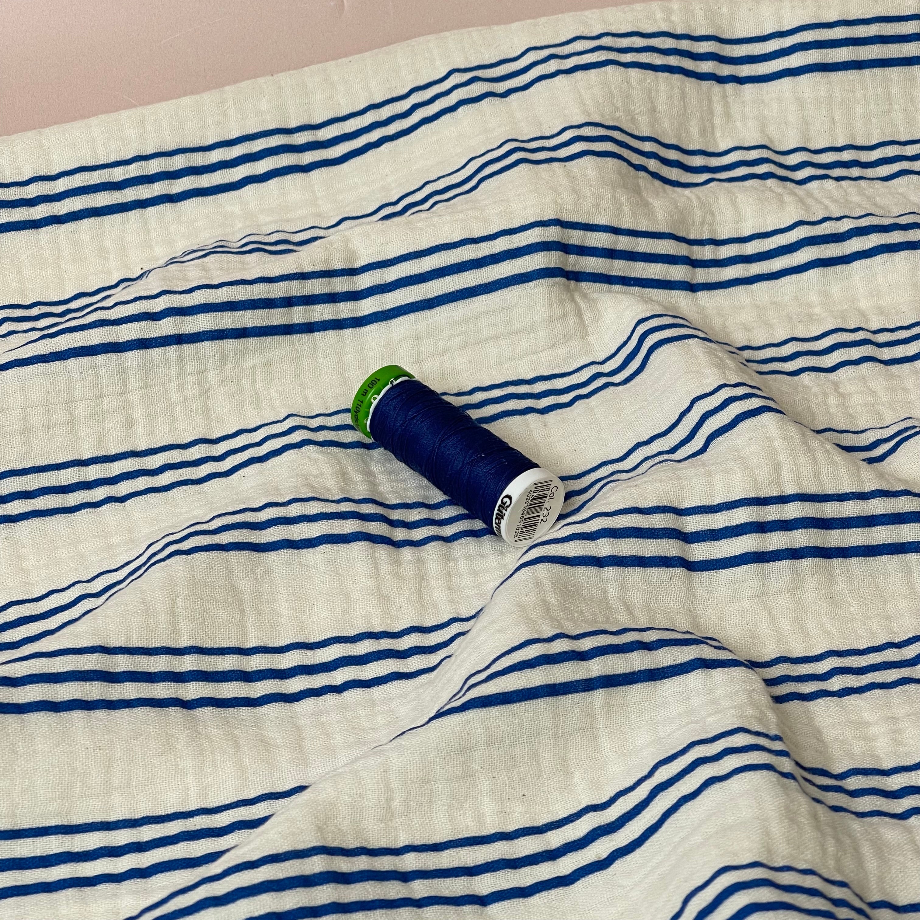 Yarn Dyed Cobalt Stripes GOTS Organic Cotton Double Gauze