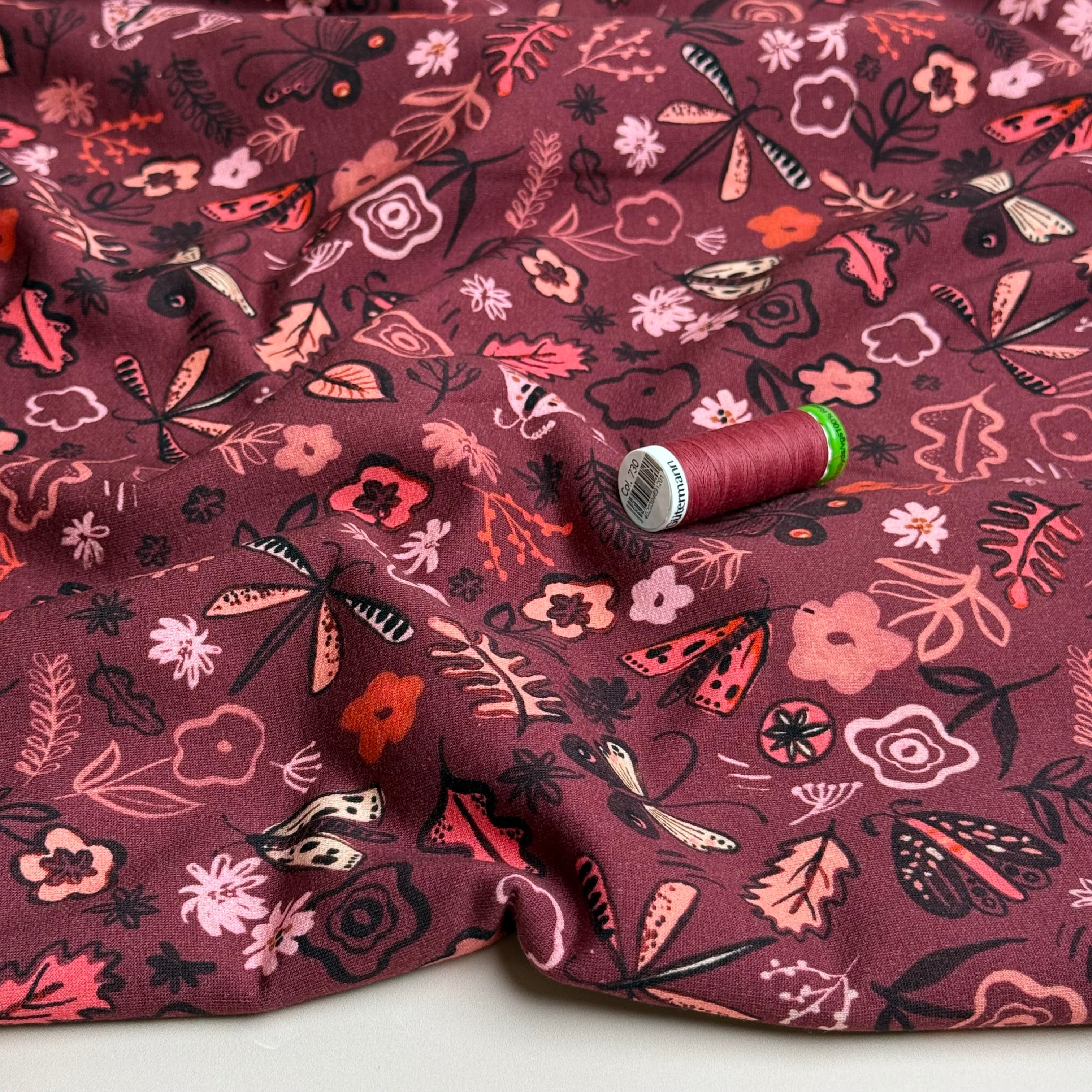 Autumn Doodles Burguny Cotton French Terry Fabric
