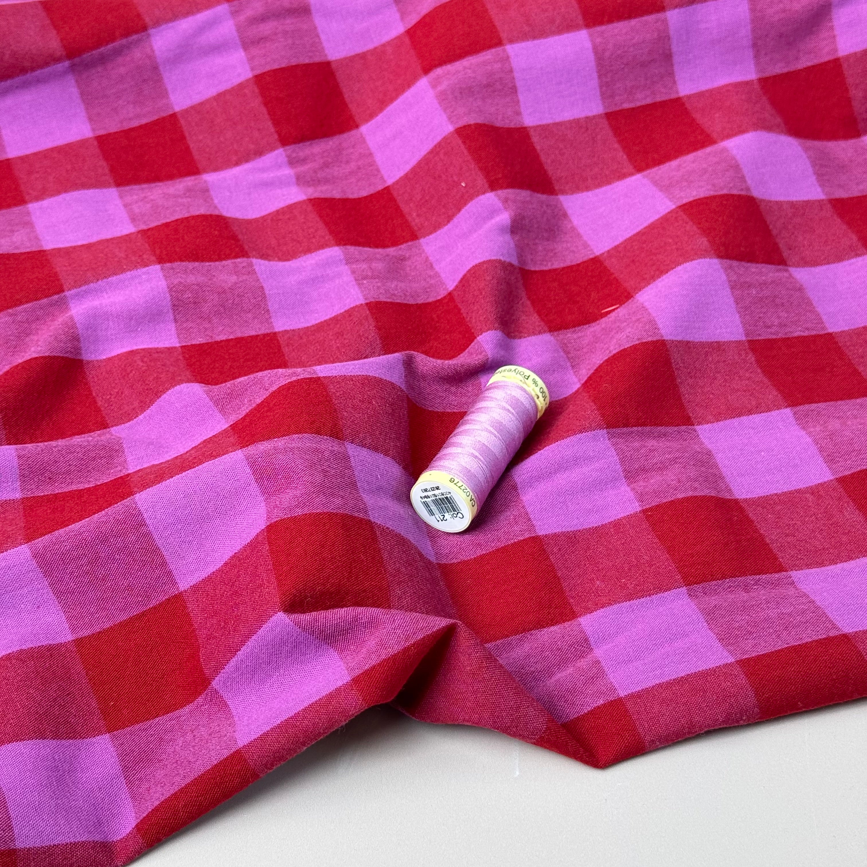 Yarn Dyed Washed Cotton Check Fabric in Red and Fuchsia
