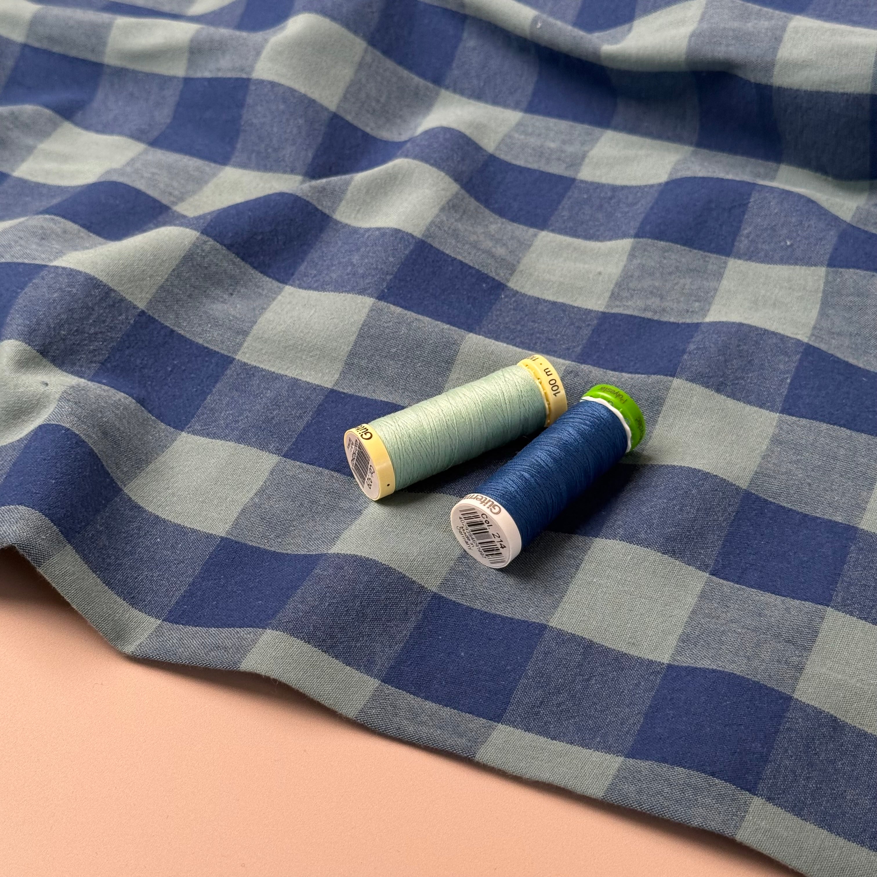Yarn Dyed Washed Cotton Check Fabric in Blue and Sage Green