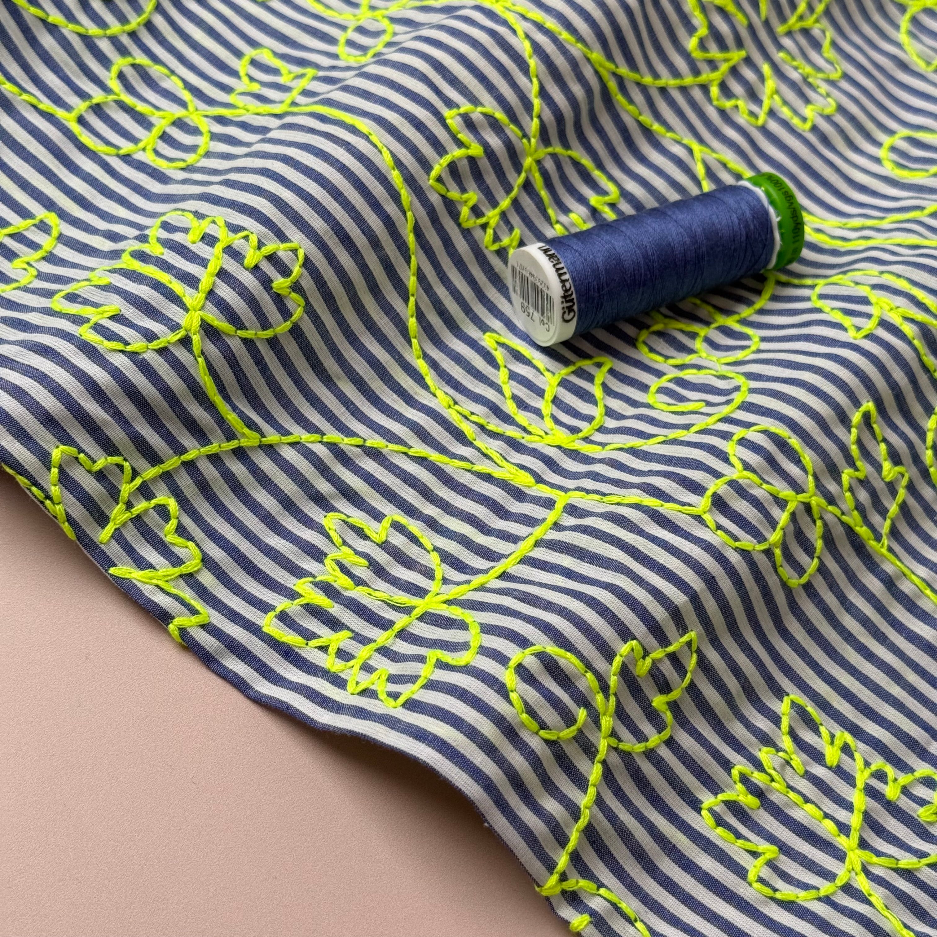 Embroidered Neon Vines on Stripe Cotton Fabric
