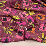REMNANT 1.06 (stitching down 1 side) Danish Design - Autumn Blooms on Burgundy Cotton Jersey