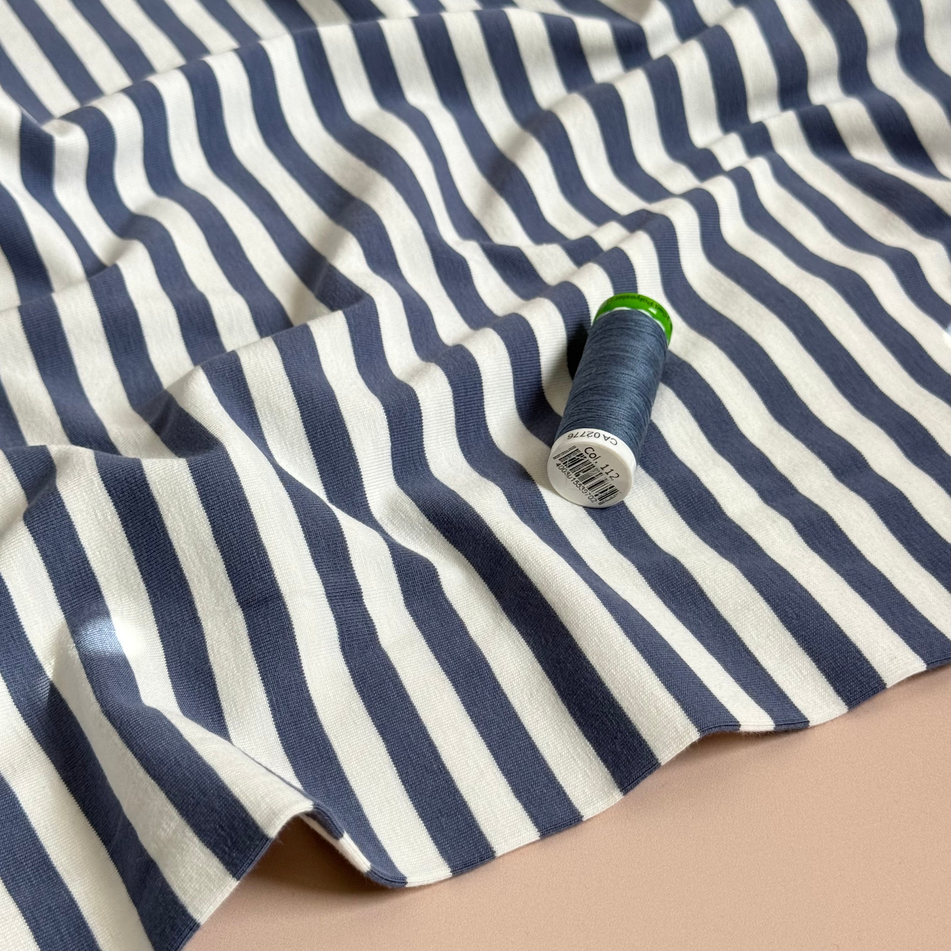 Yarn Dyed Denim Blue Breton Stripe Cotton Jersey Fabric