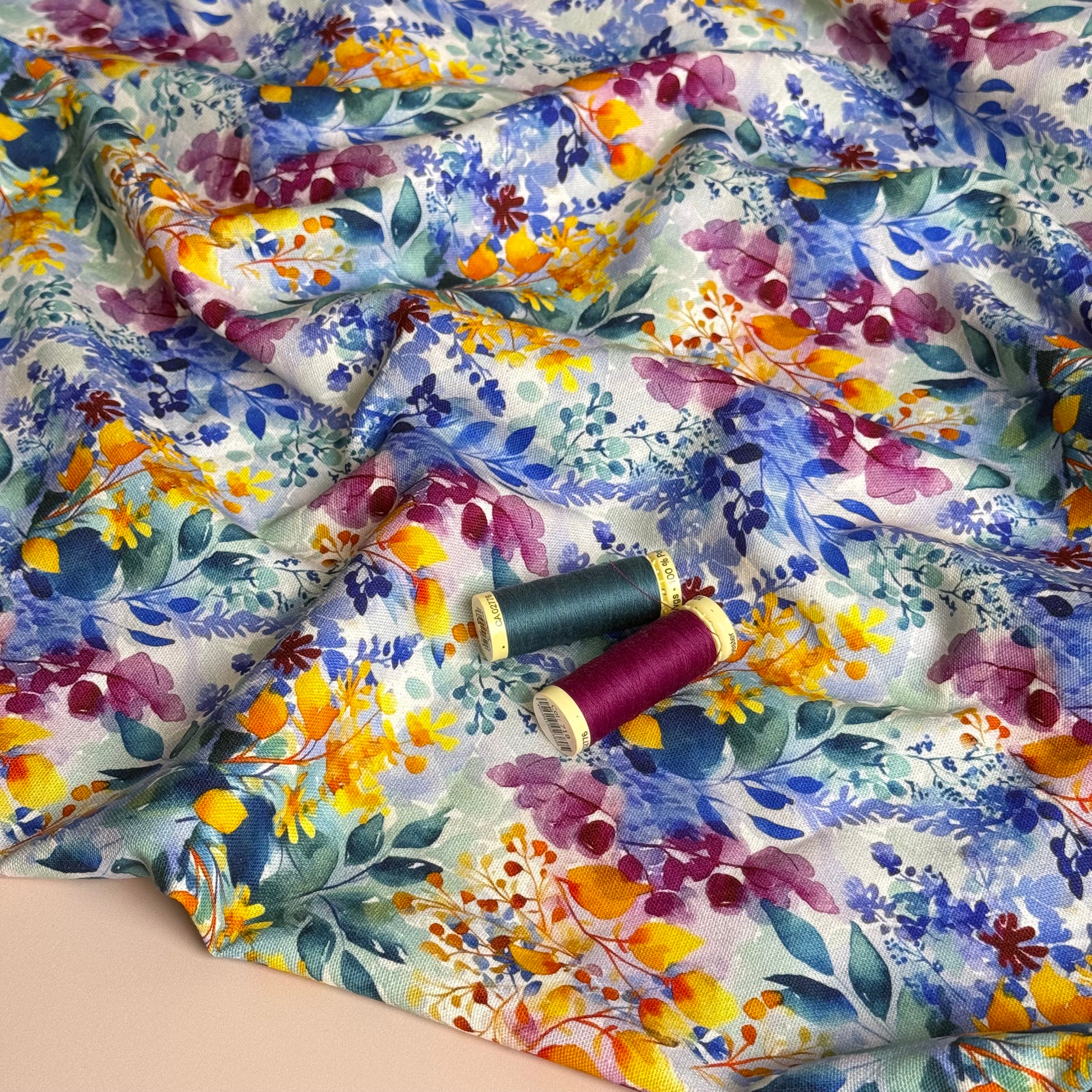 Painted Petals Viscose Linen Fabric