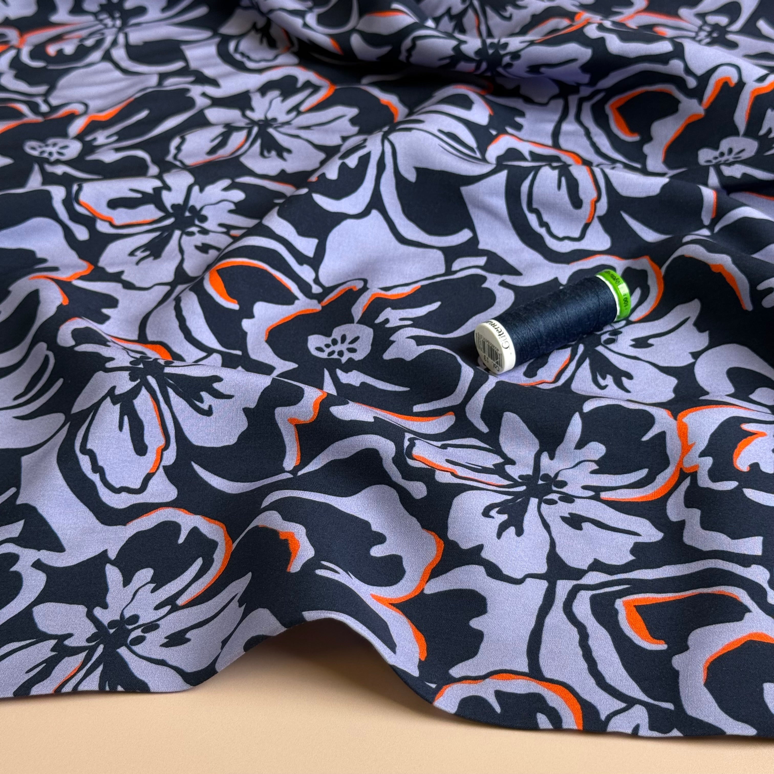 Flowers on Navy LENZING™ ECOVERO™ Viscose Fabric