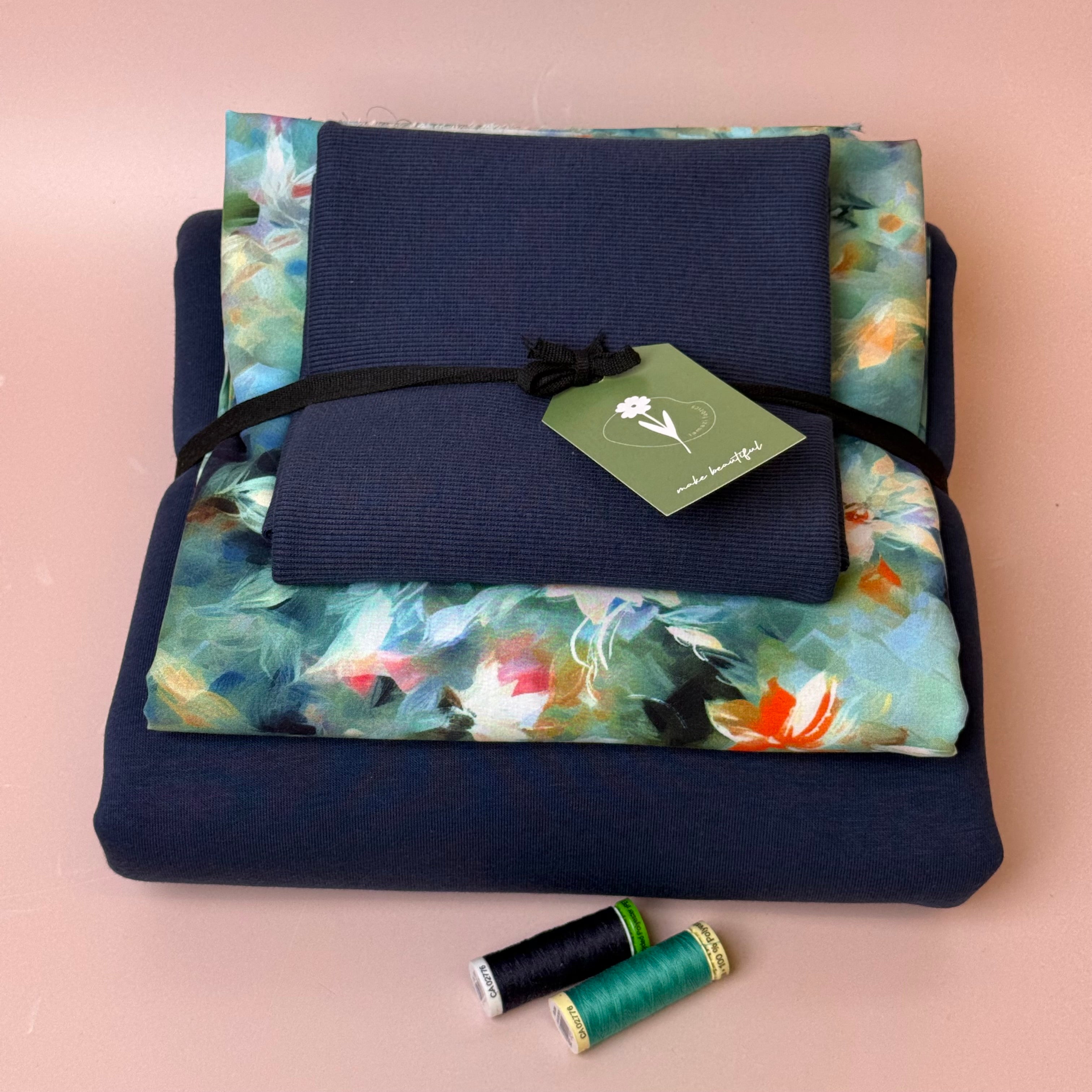 Make an Outfit Colour Bundle - Watercolour Florals Viscose & Sweatshirting in Navy with Ribbing