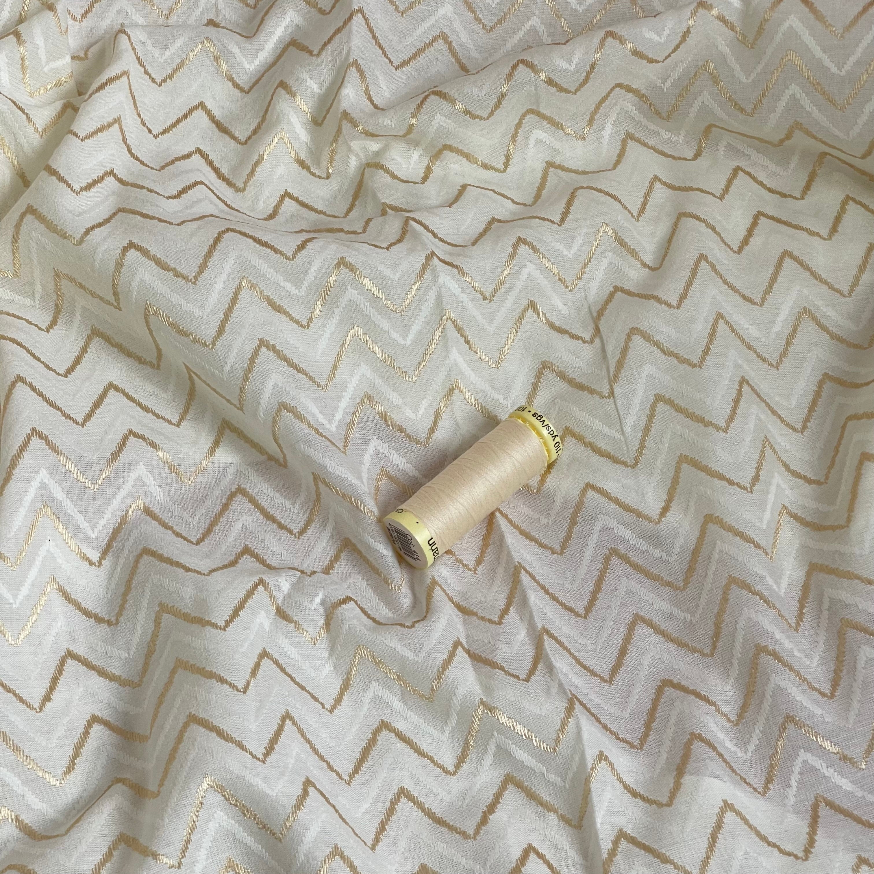 Ex-Designer Deadstock - Embroidered Gold & Ivory Chevrons on Cotton Fabric