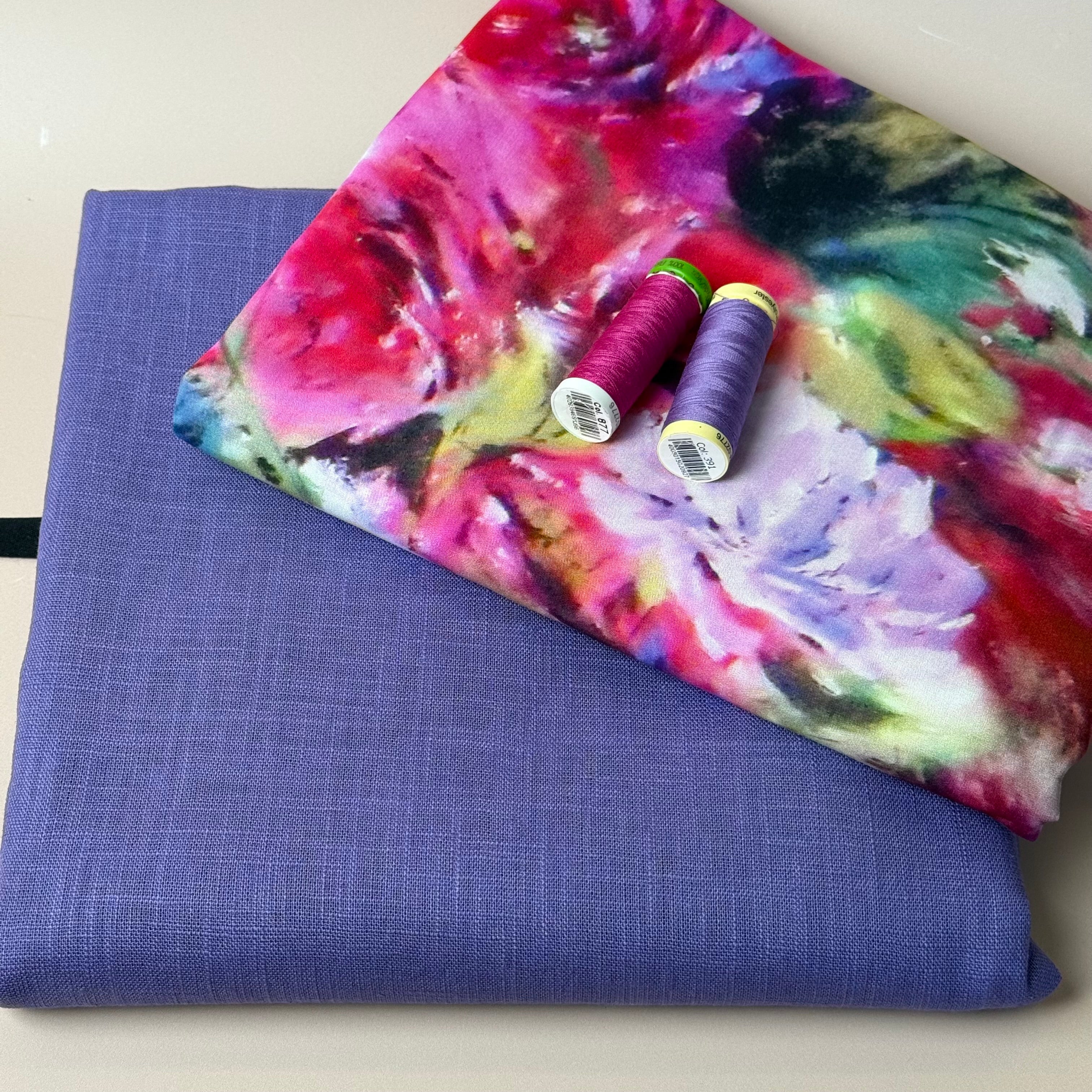 Make an Outfit Colour Bundle - Abstract Watercolour Florals Viscose with Breeze Violet Purple Linen