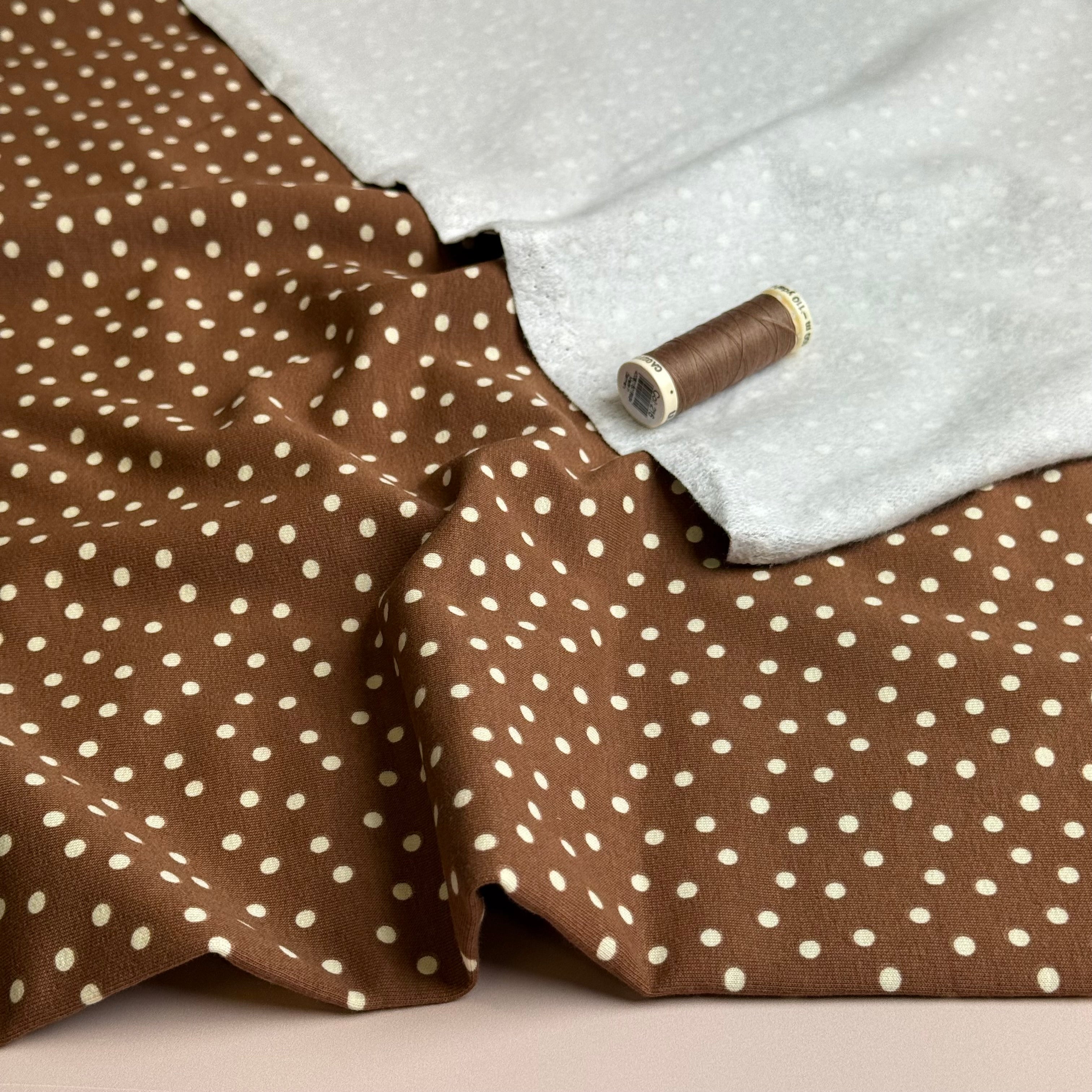 Polka Dots on Caramel Soft Cotton Sweat-shirting Fabric