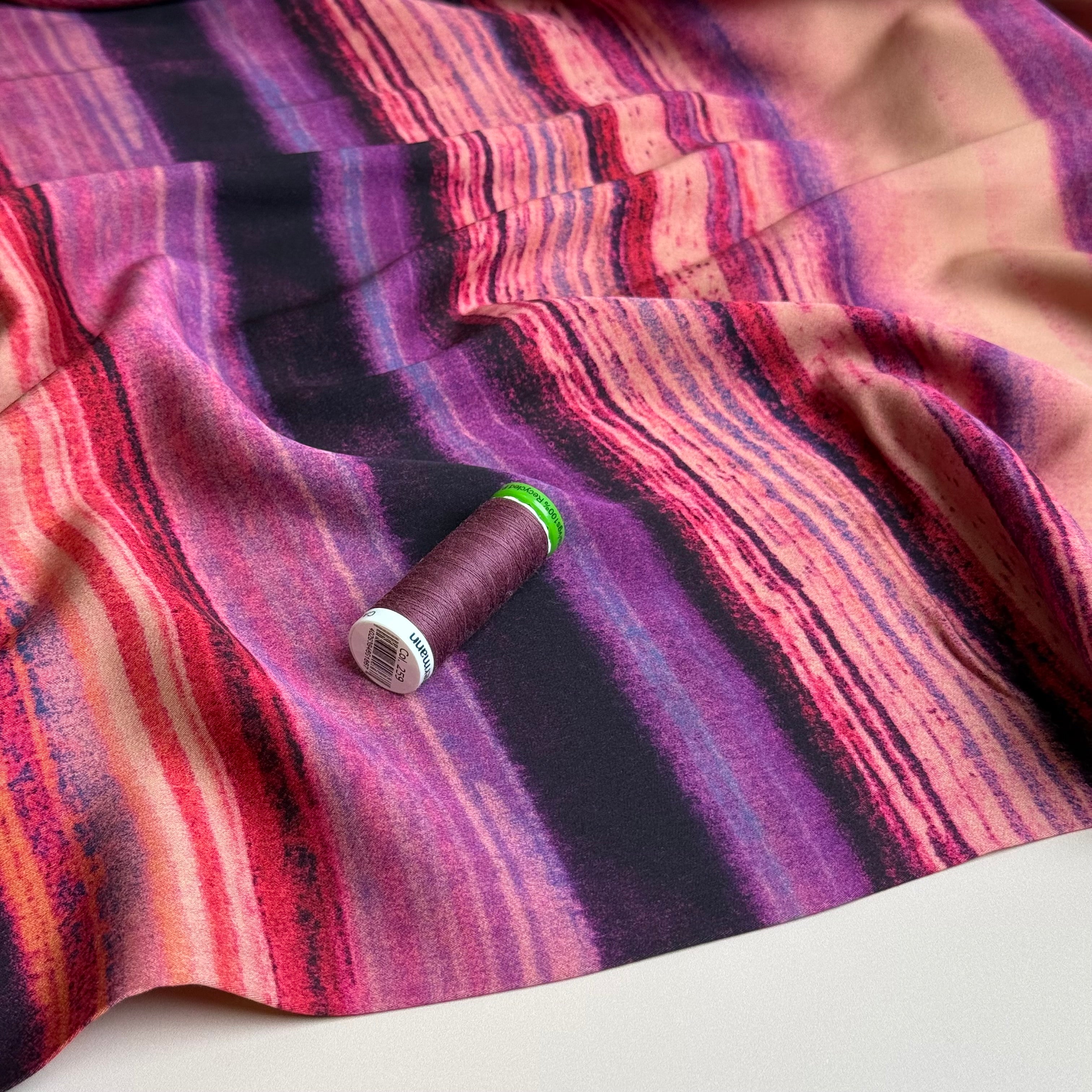 Hazy Horizontal Stripes Pink Viscose Sateen Fabric