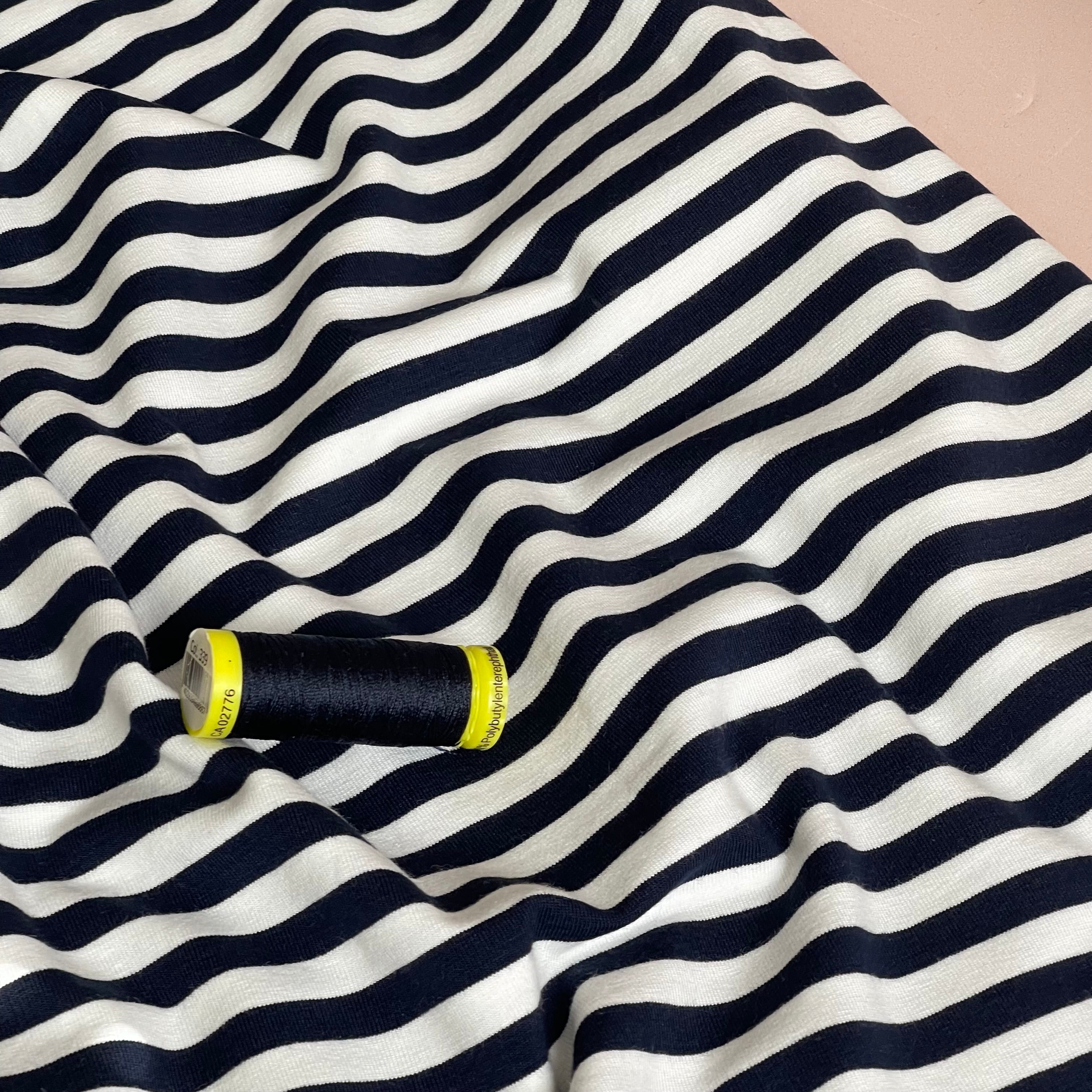 Yarn Dyed Navy Breton Stripe Cotton Jersey Fabric