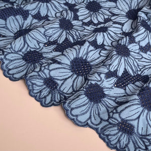 Scalloped Flowers Embroidered Cotton Fabric in Blue