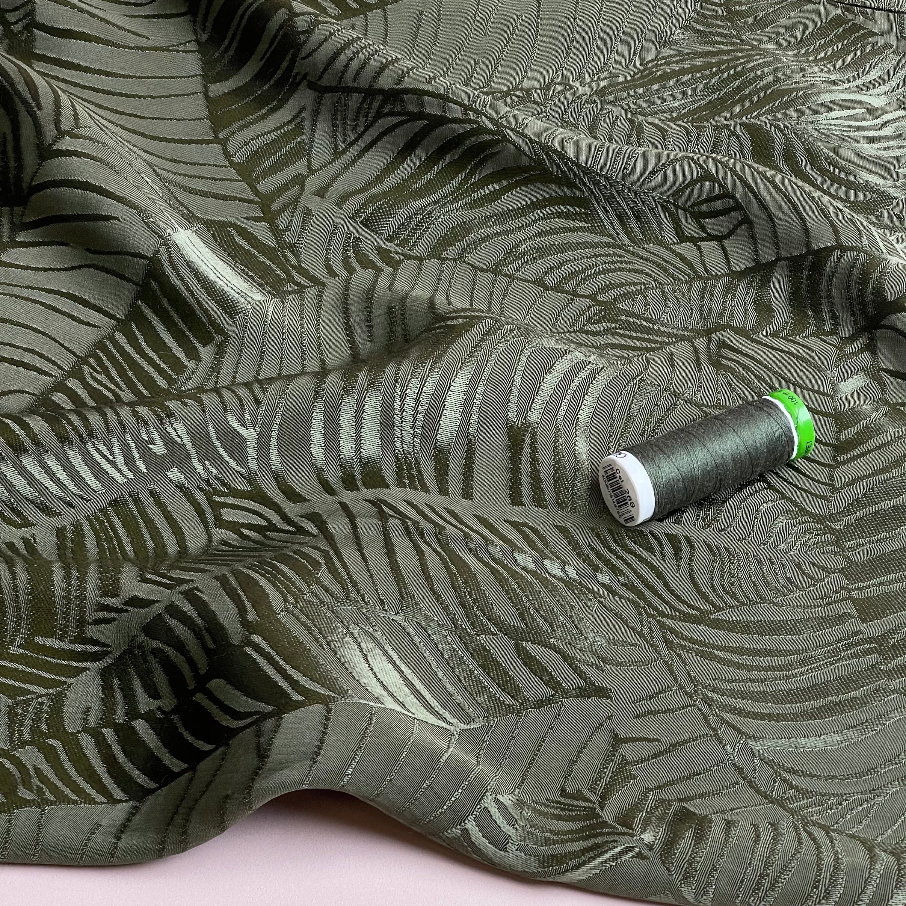 Leaves in Khaki Viscose Jacquard Sateen