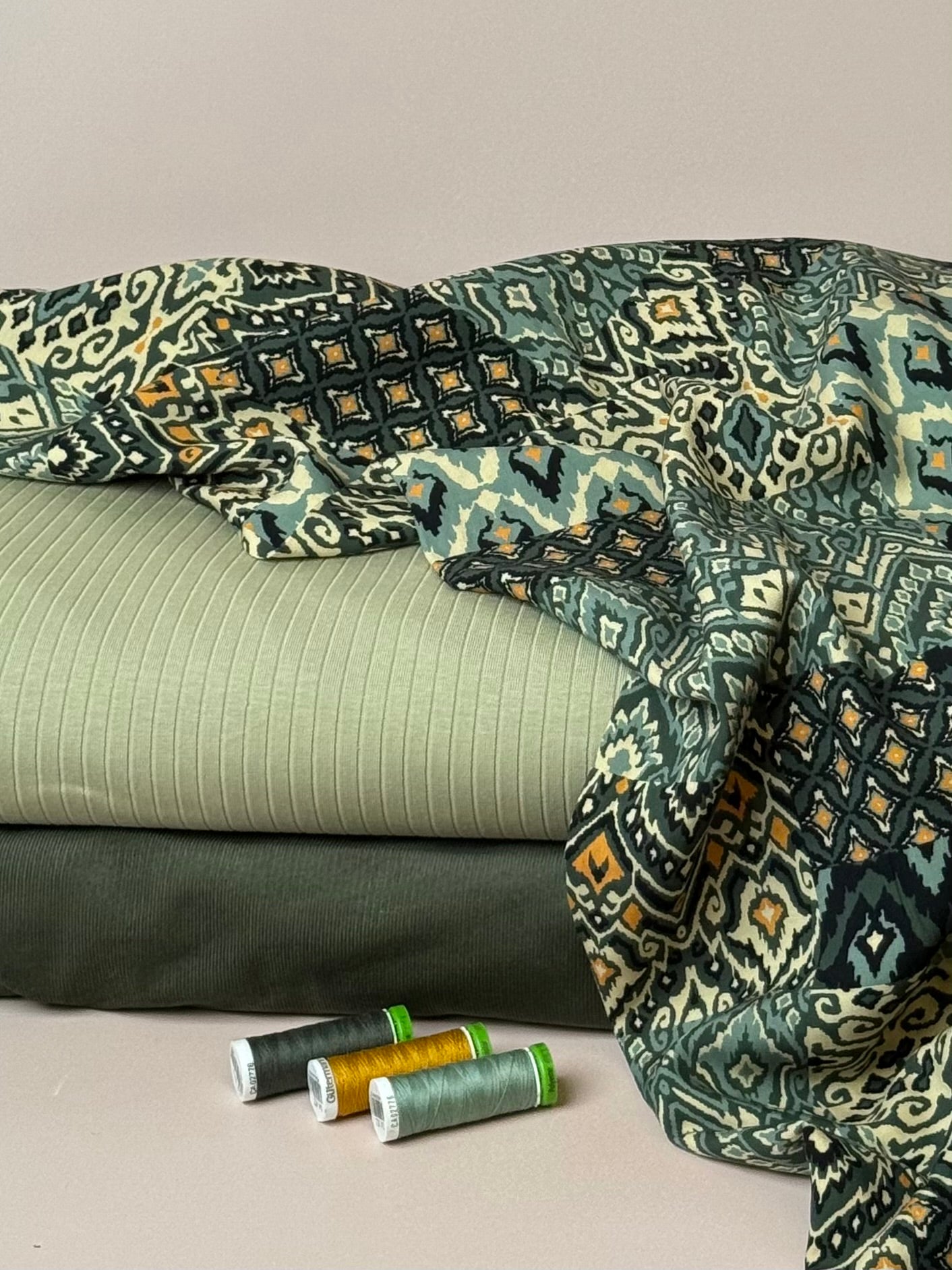 REMNANT 0.57 Metre - Vintage Patchwork Green Viscose Poplin Fabric