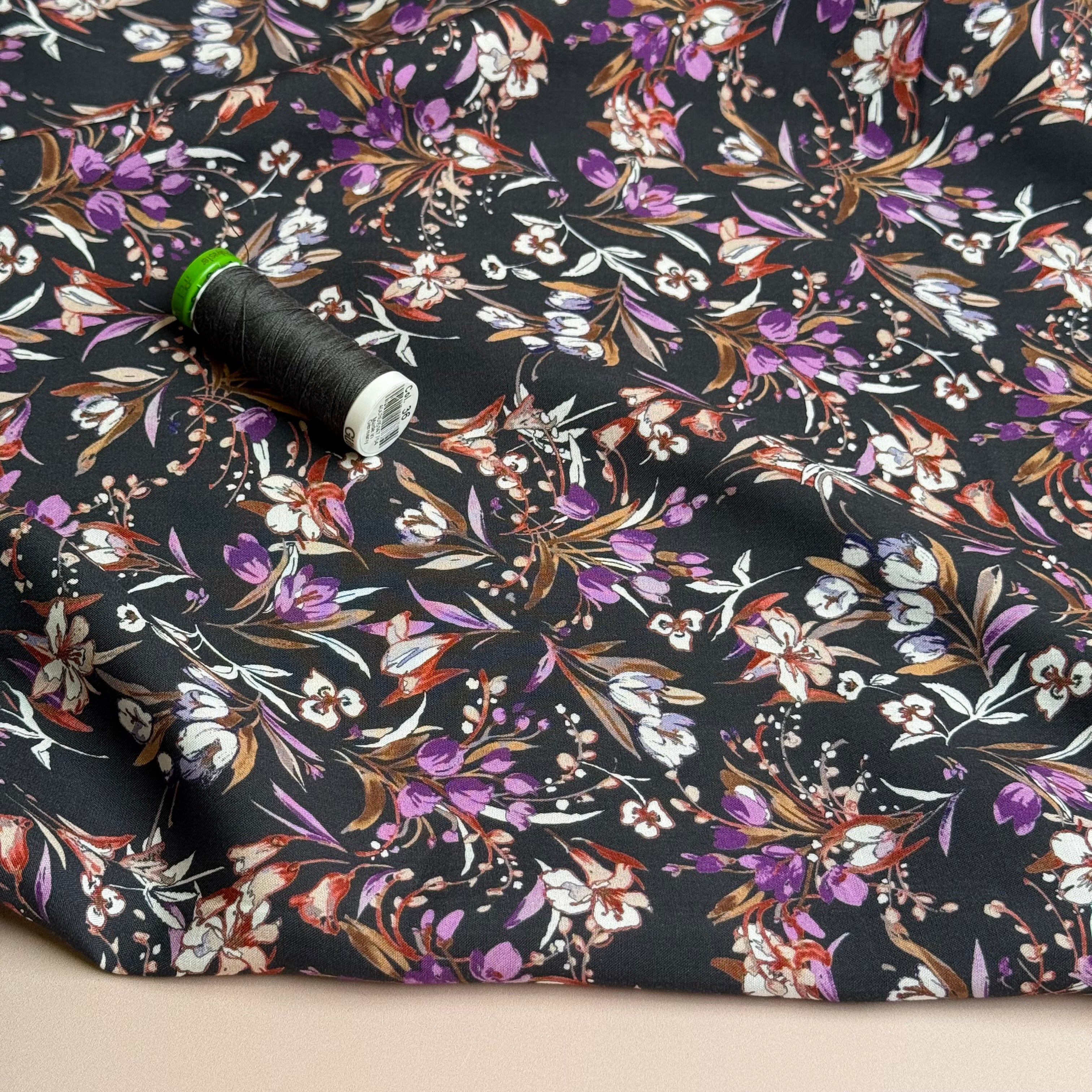 Purple Bouquet on Dark Grey Viscose Poplin Fabric