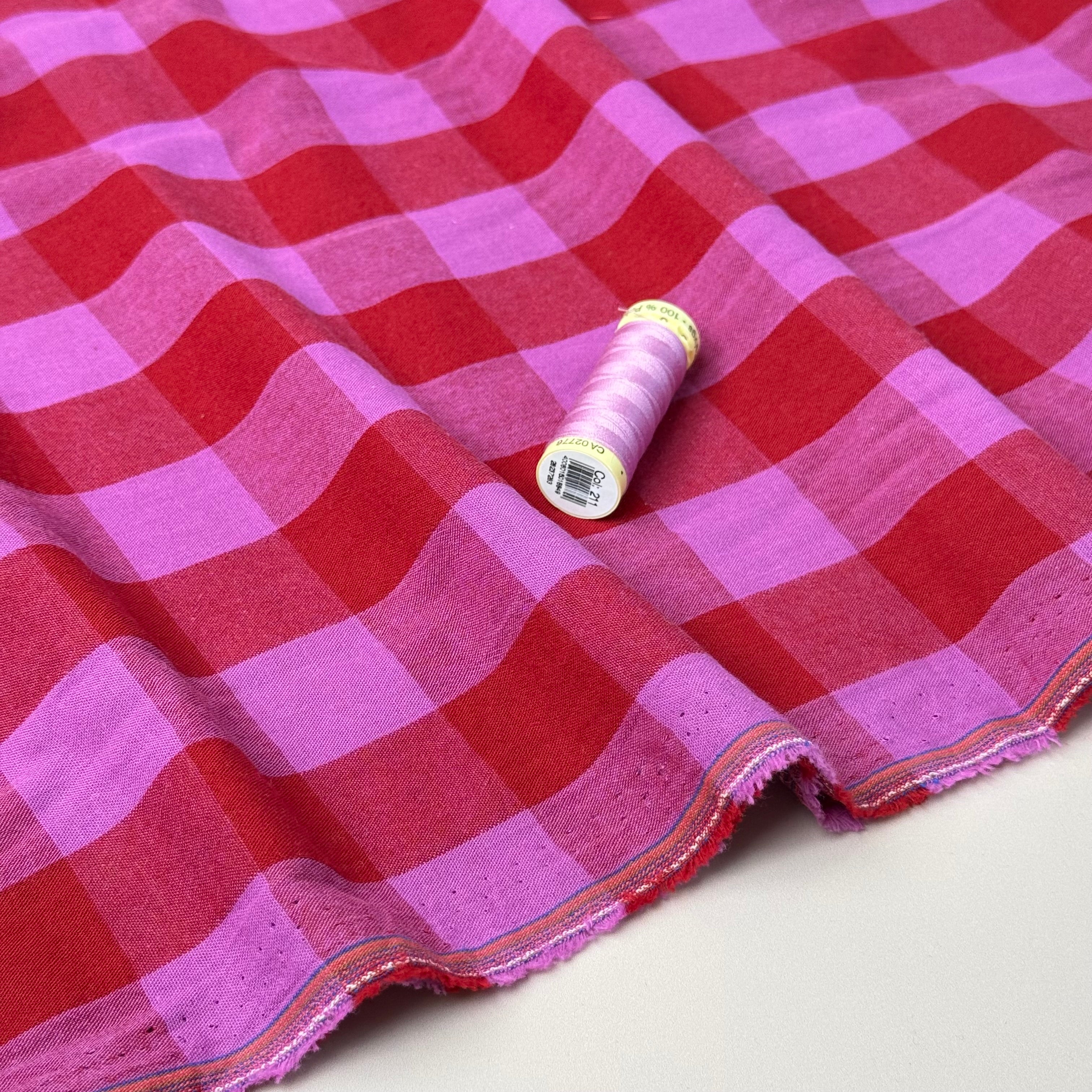 Yarn Dyed Washed Cotton Check Fabric in Red and Fuchsia