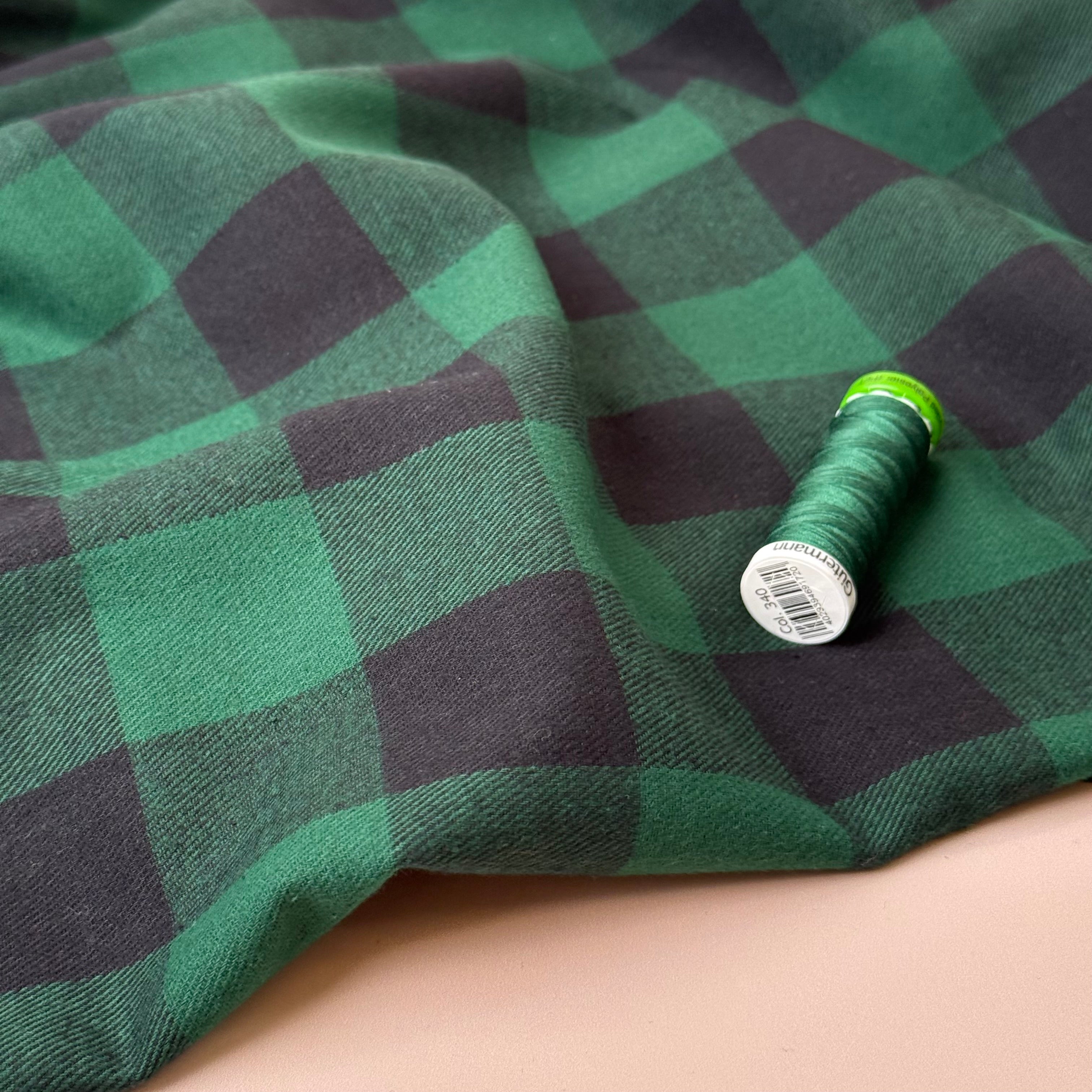 Gingham Black & Green Brushed Cotton Flannel