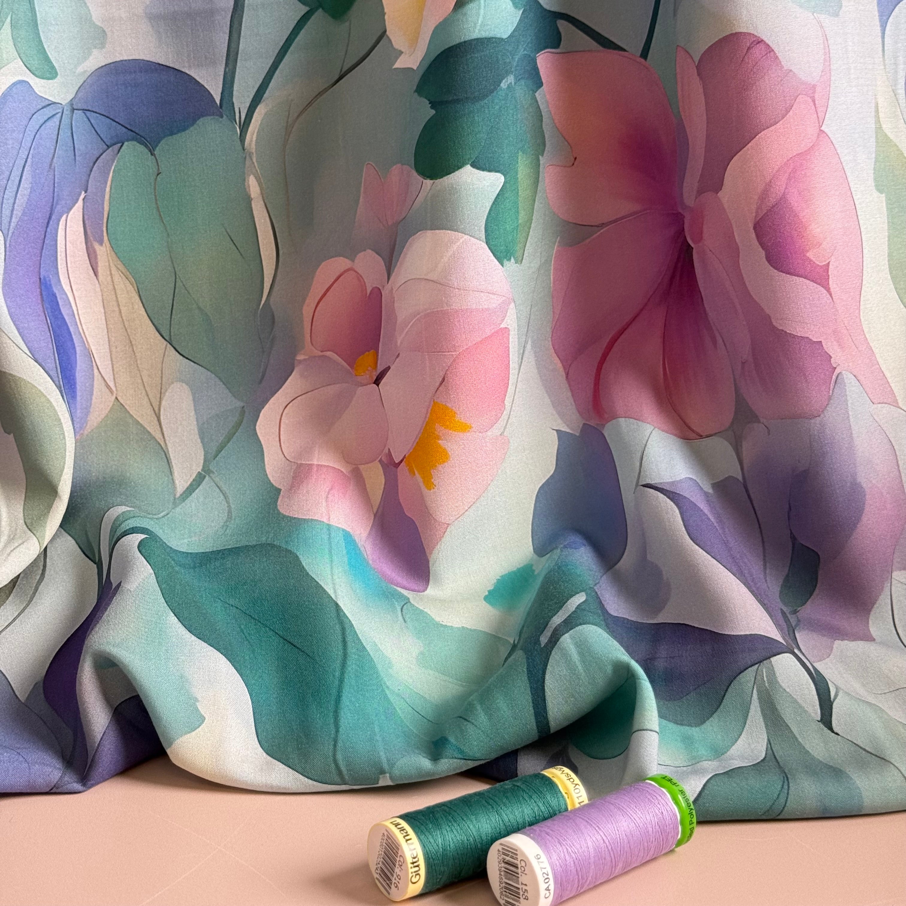 Painted Flowers Petrol Viscose Fabric