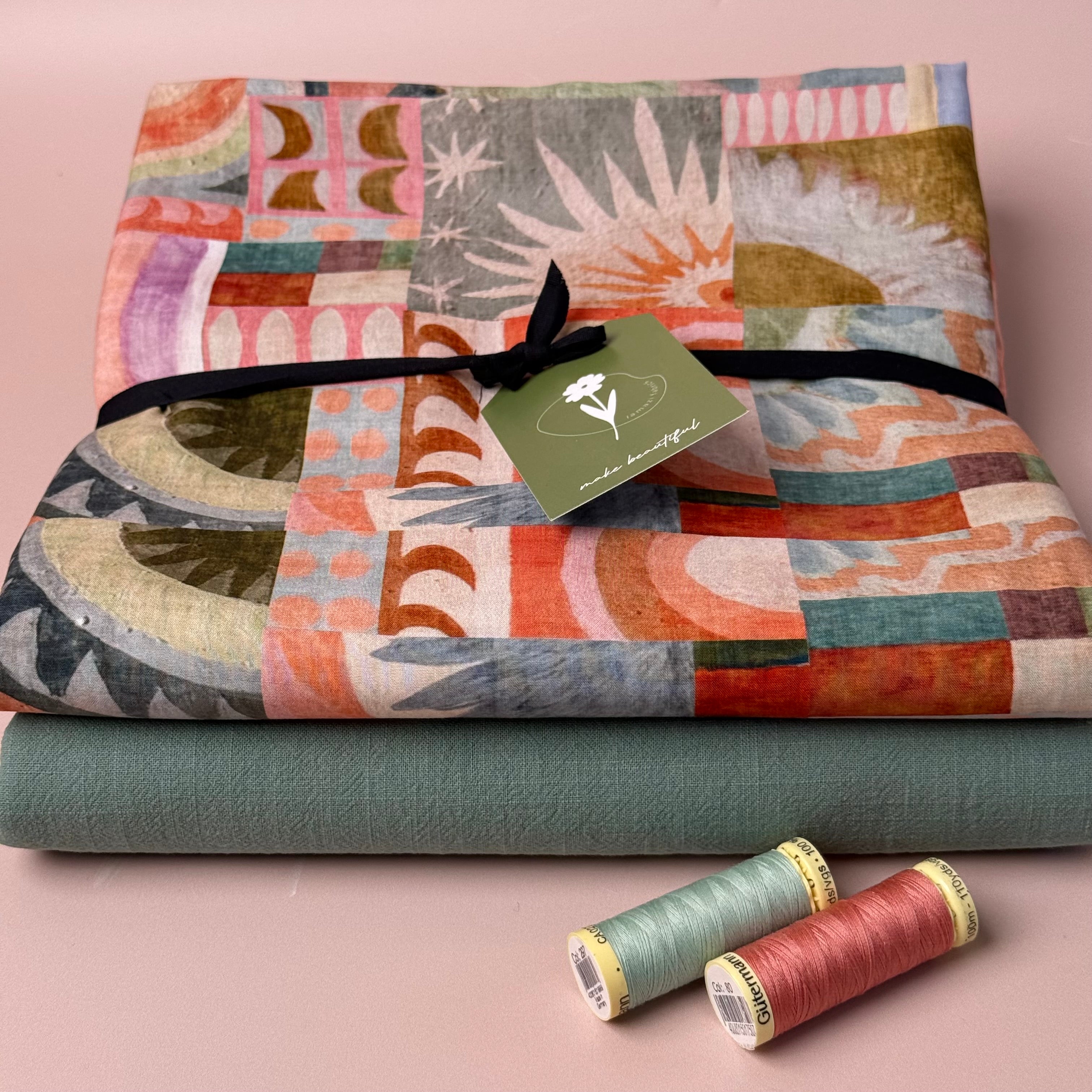 Make an Outfit Colour Bundle - Abstract Tiles Viscose with Sage Green Washed Cotton