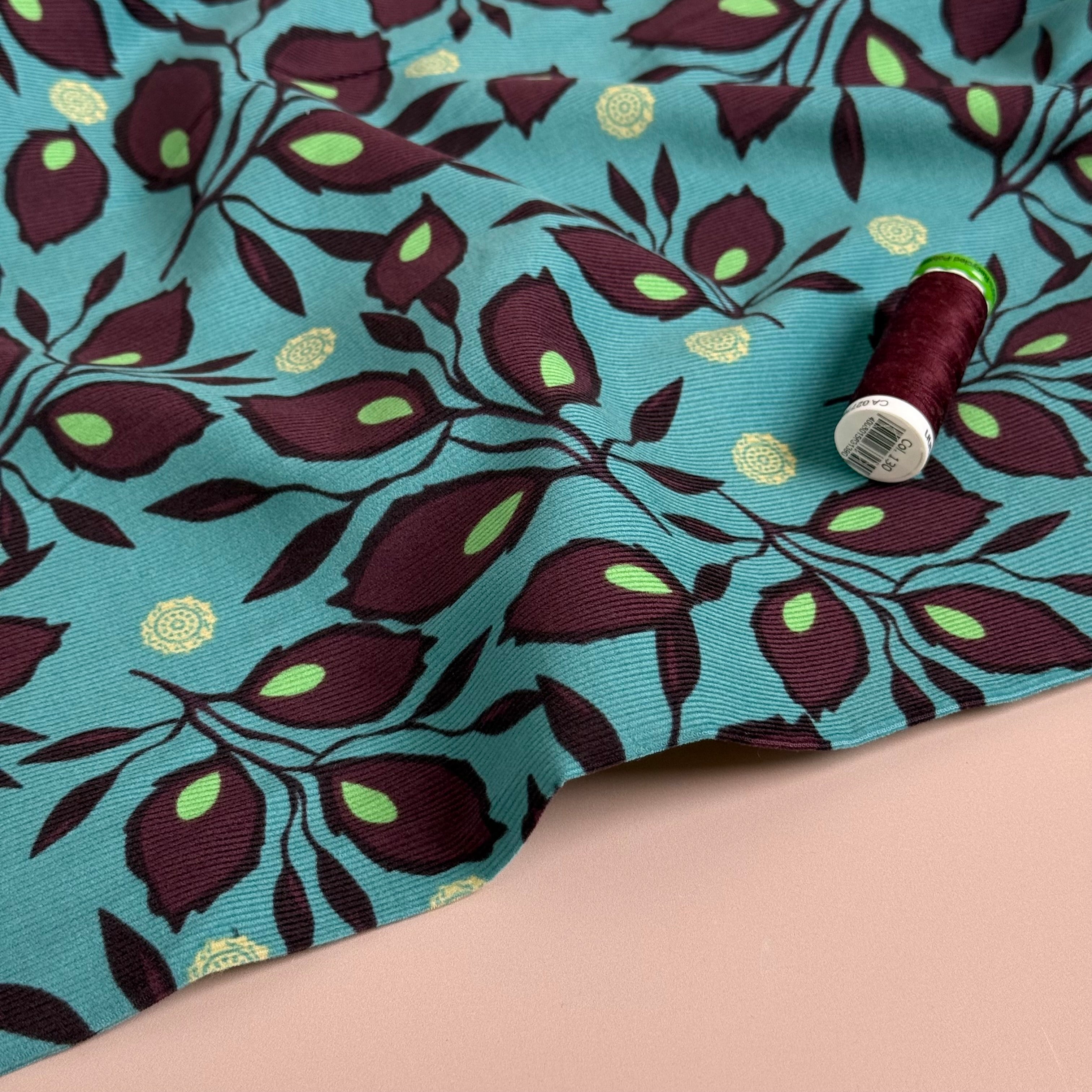 Mahogany Leaves on Petrol Cotton Needlecord